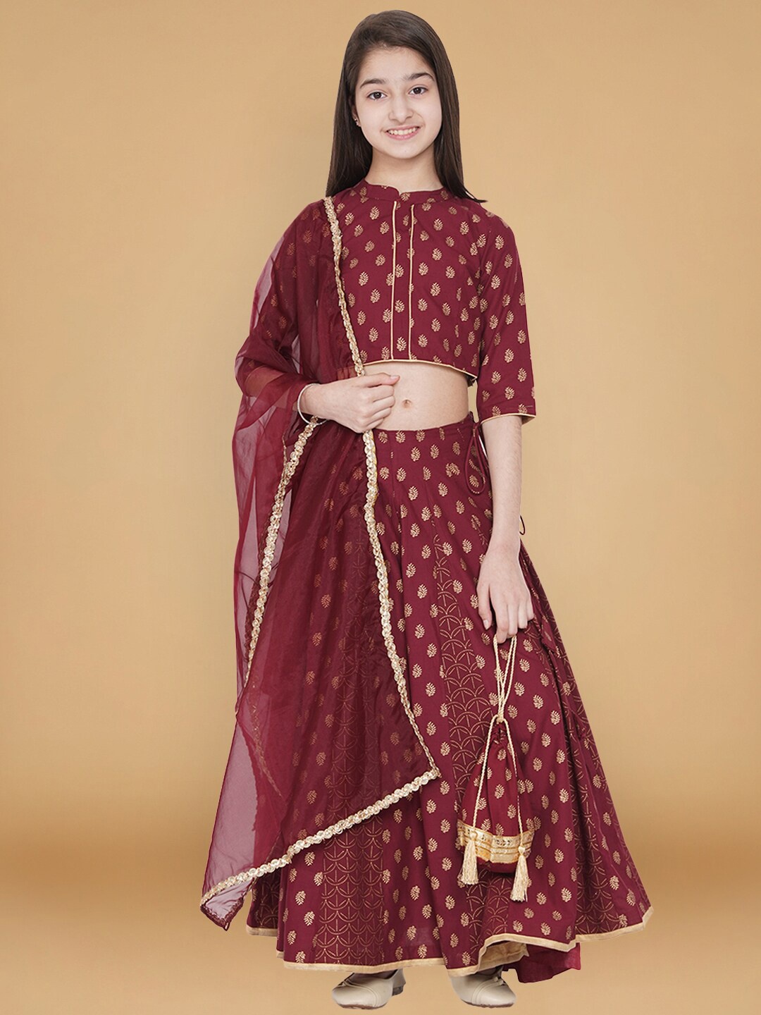 

titliyan Girls Maroon & Gold-Toned Printed Ready to Wear Lehenga & Blouse With Dupatta