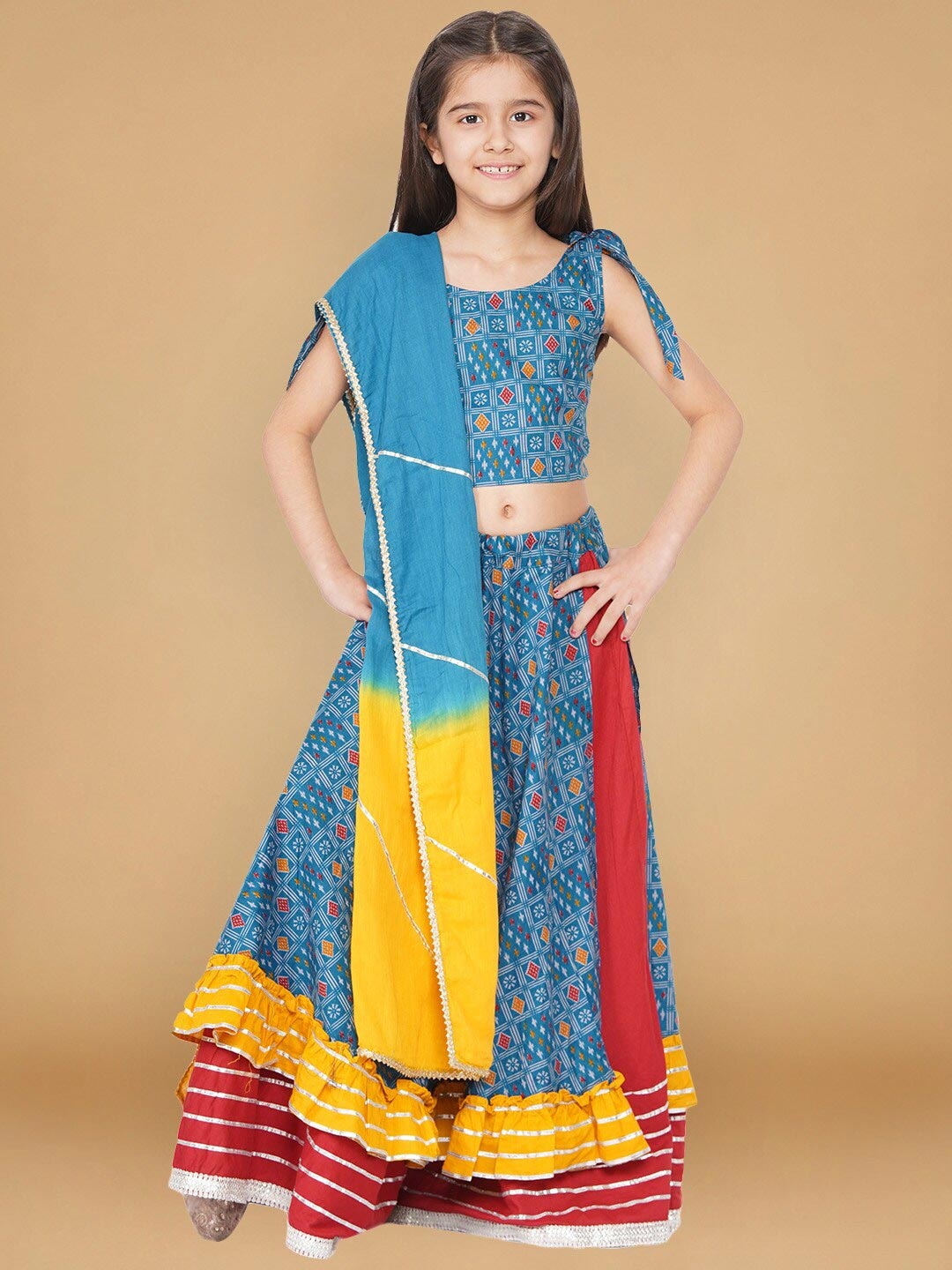 

titliyan Girls Blue & Red Printed Ready to Wear Lehenga & Blouse With Dupatta