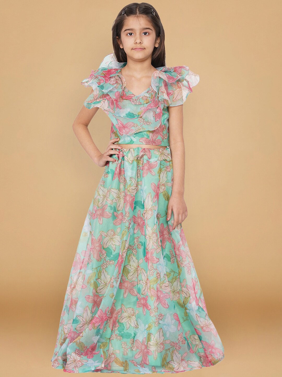 

titliyan Girls Green & Pink Printed Ready to Wear Lehenga &