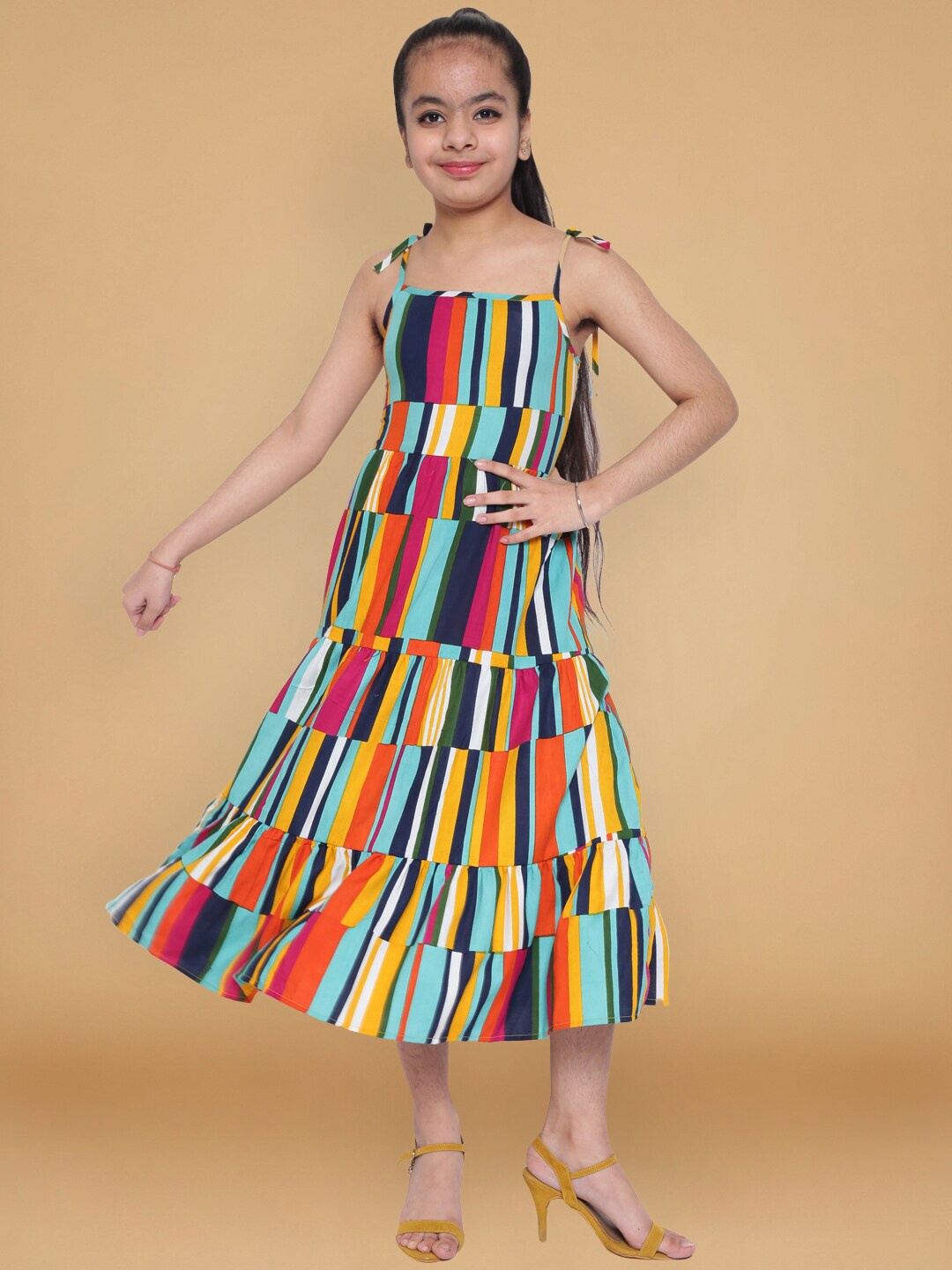 

titliyan Multicoloured Striped Satin A-Line Midi Dress, Multi