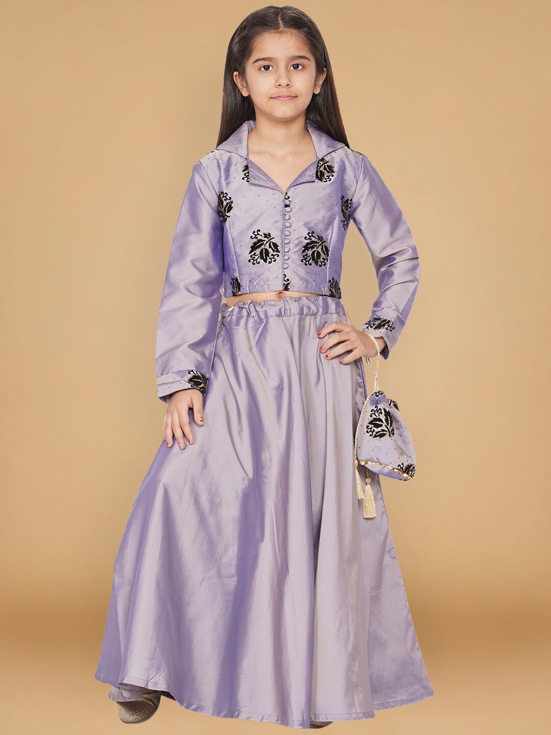 

titliyan Girls Lavender & Black Printed Ready to Wear Lehenga &