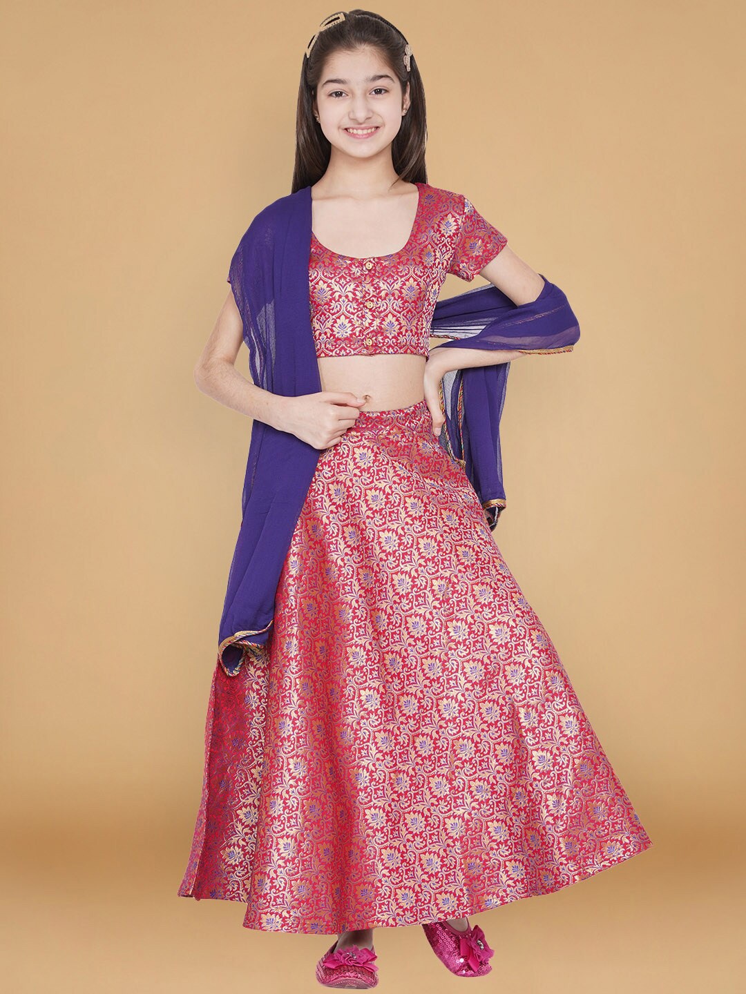 

titliyan Girls Red & Navy Blue Printed Ready to Wear Lehenga & Blouse With Dupatta