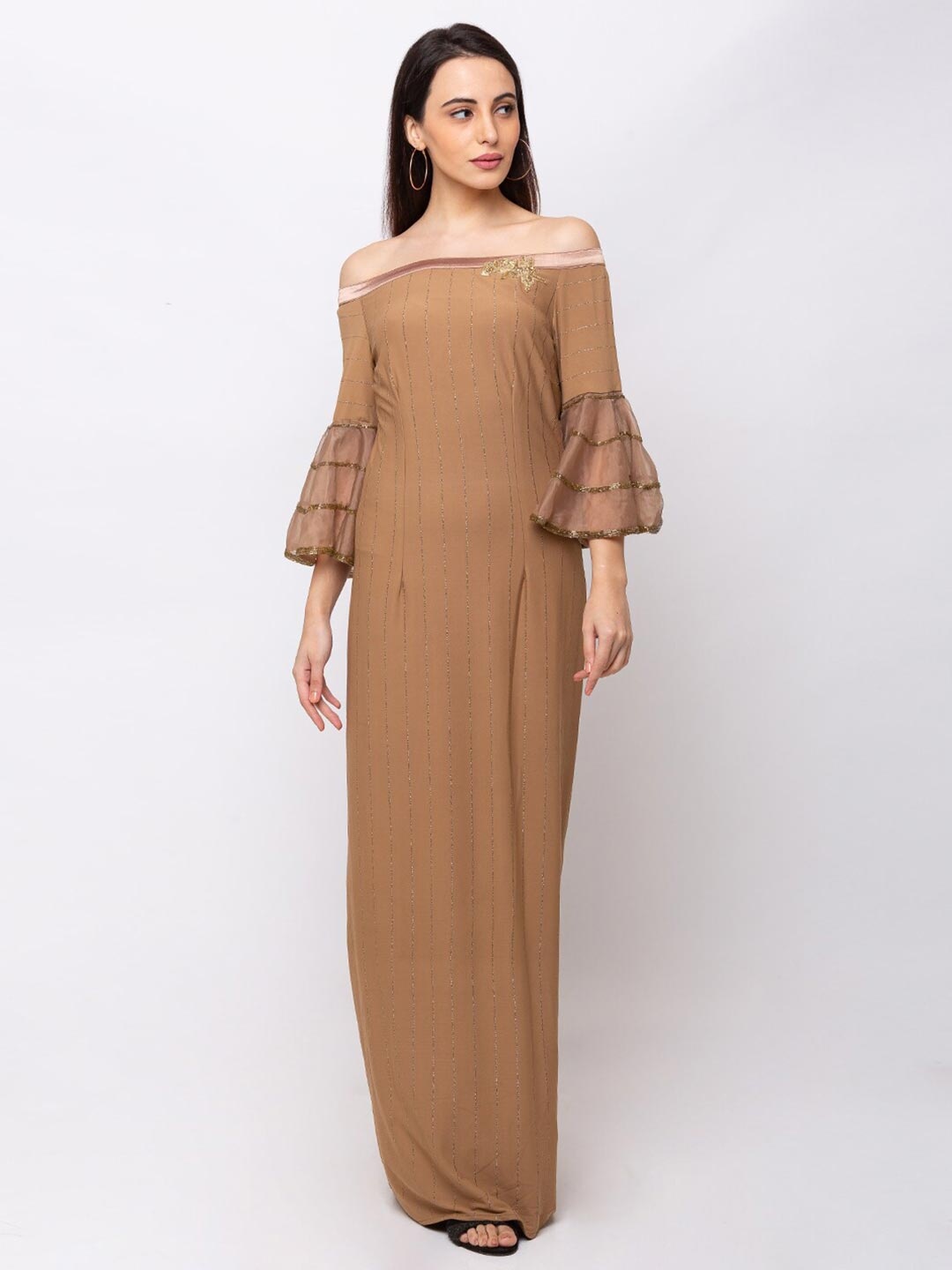 

SHECZZAR Beige Off-Shoulder Maxi Dress