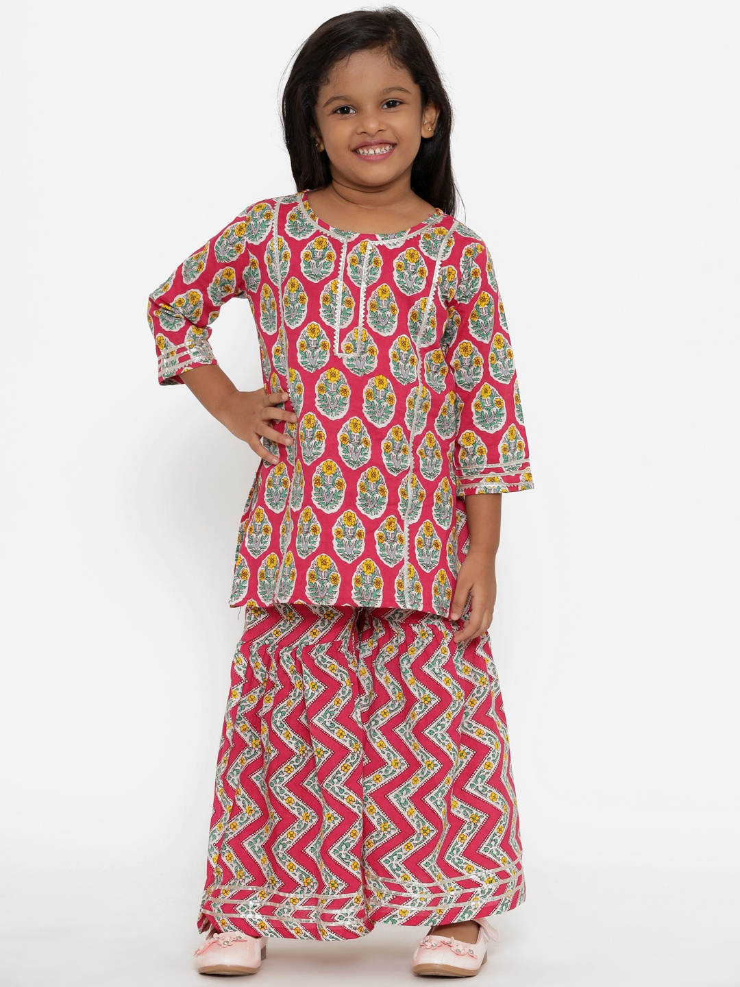

Readiprint Fashions Girls Pink Ethnic Motifs Printed Gotta Patti Pure Cotton Kurti with Sharara