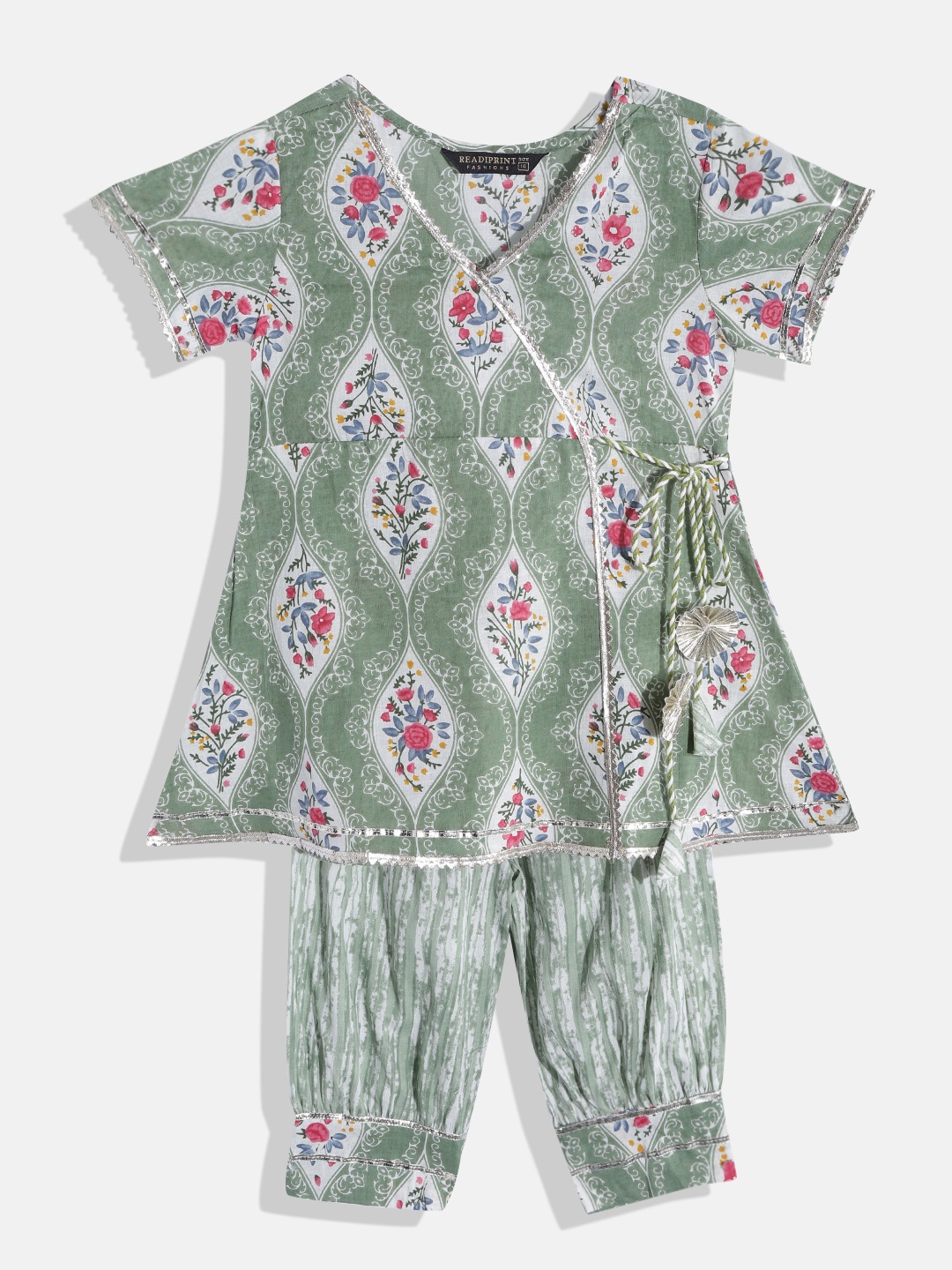 

Readiprint Fashions Girls Green & White Printed Angrakha Pure Cotton Kurti with Salwar