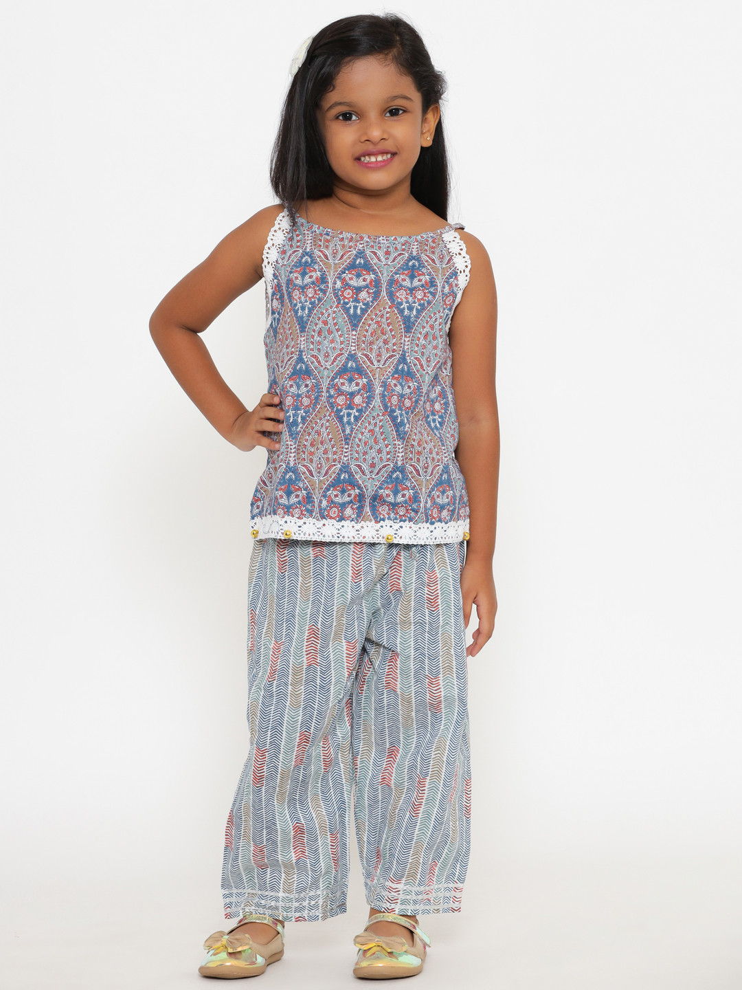 

Readiprint Fashions Girls Grey & Blue Printed Pure Cotton Top with Trousers