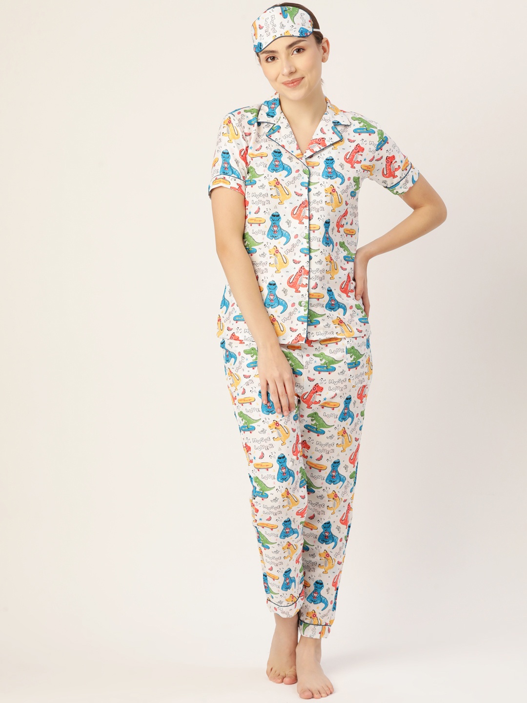 

bedgasm Women White Printed Night suit with Eye Mask