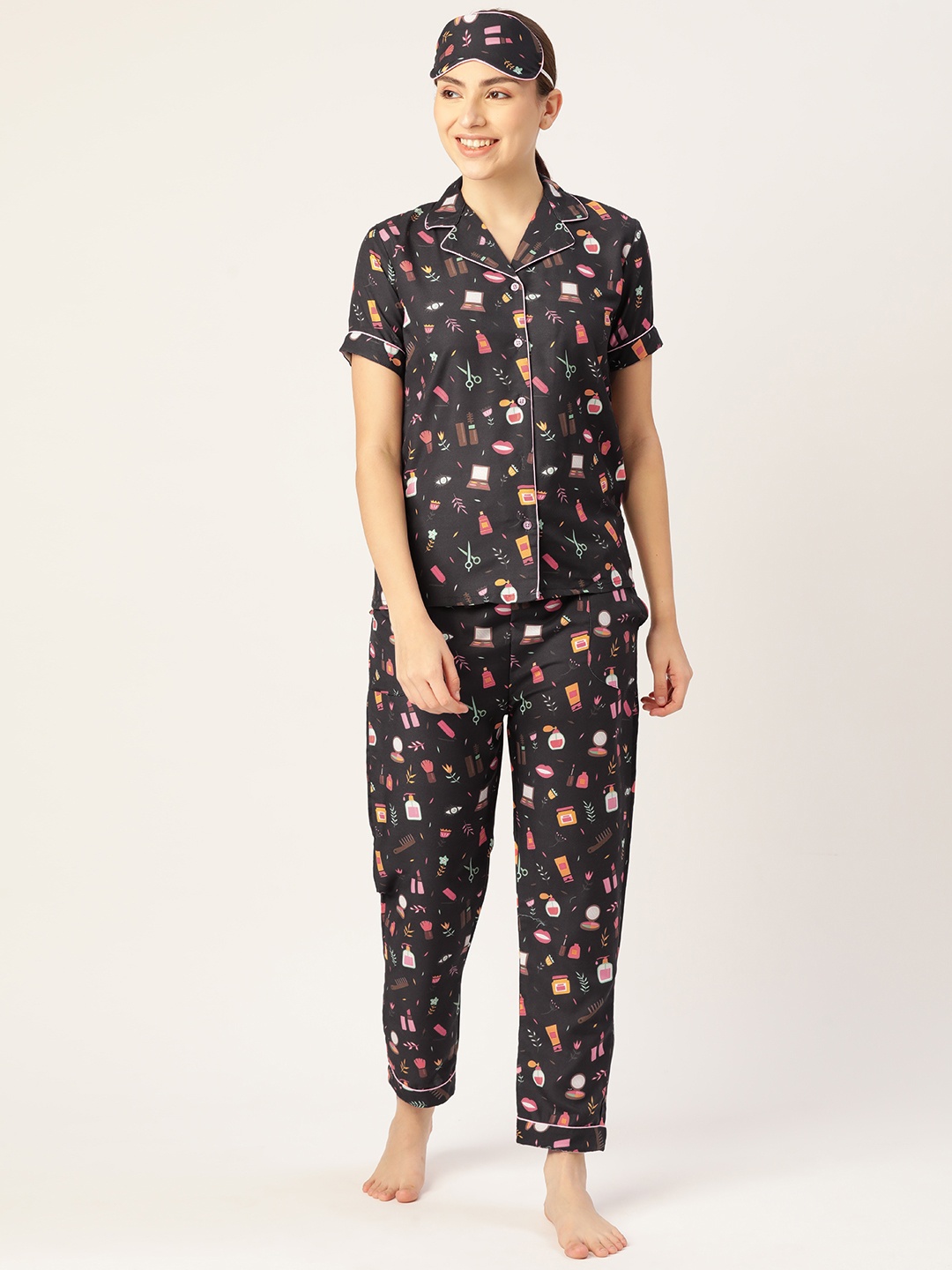 

bedgasm Women Black & Brown Printed Night suit with Eye Mask