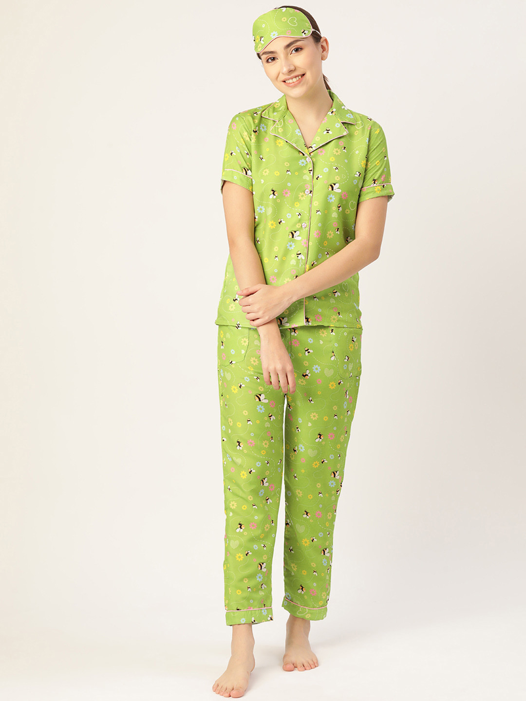 

bedgasm Women Green Printed Night suit With Eye Mask