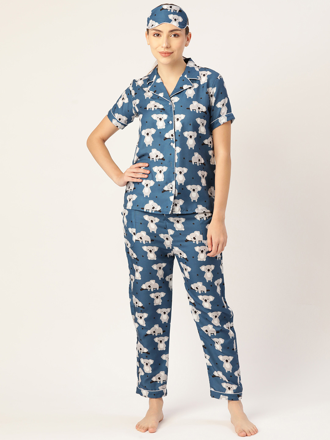 

bedgasm Women Blue & White Printed Night suit With Eye Mask