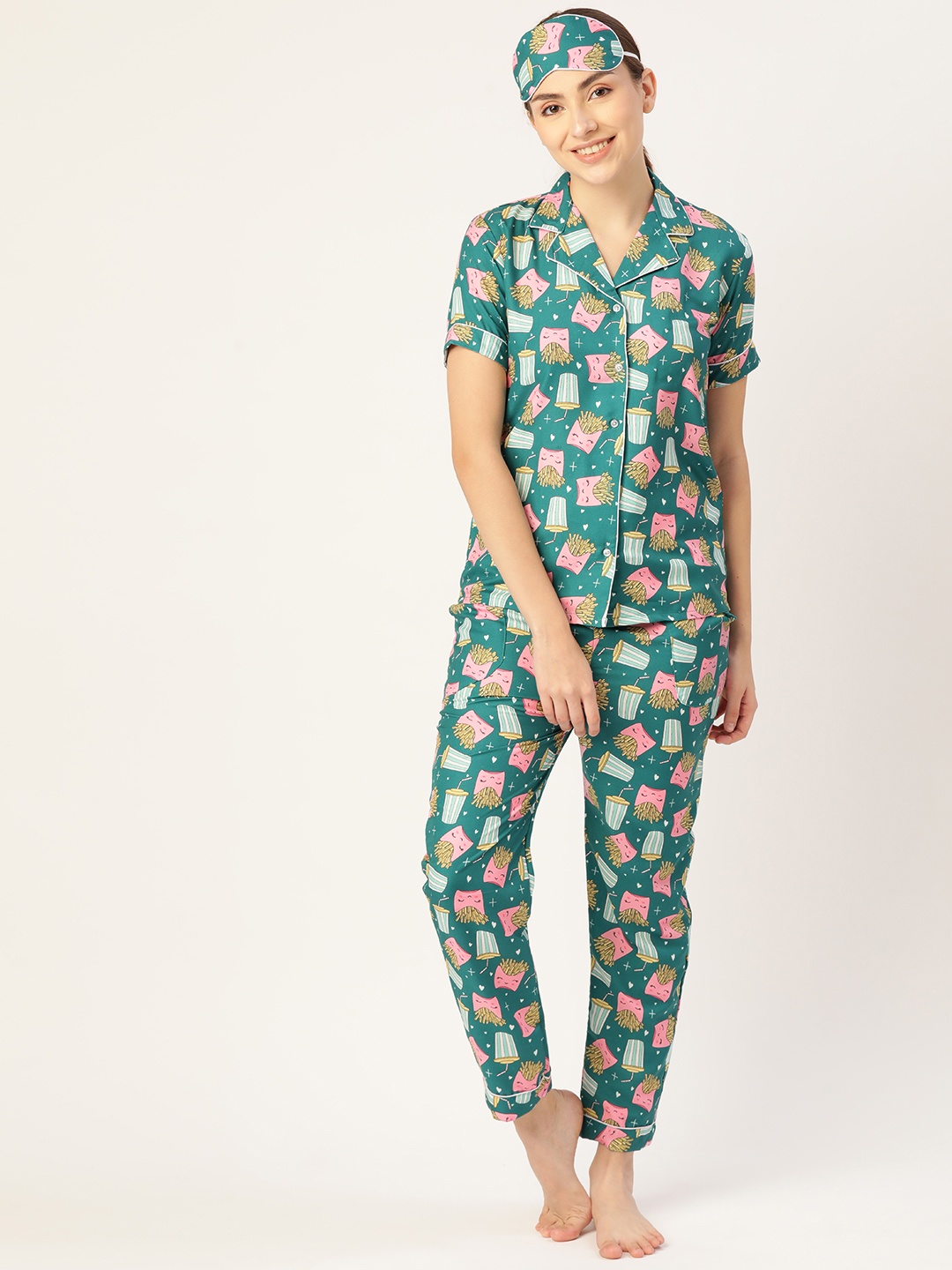 

bedgasm Women Green & Pink Printed Night suit Comes With Eye Mask