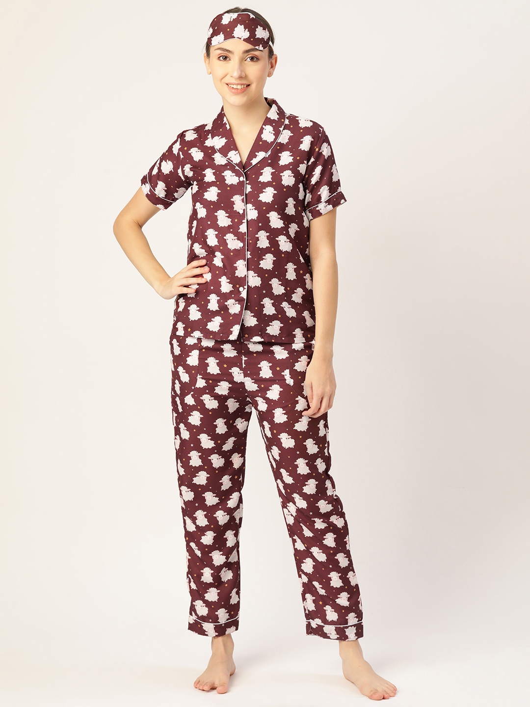 

bedgasm Women Maroon & White Printed Night Suit Comes with Eye Mask