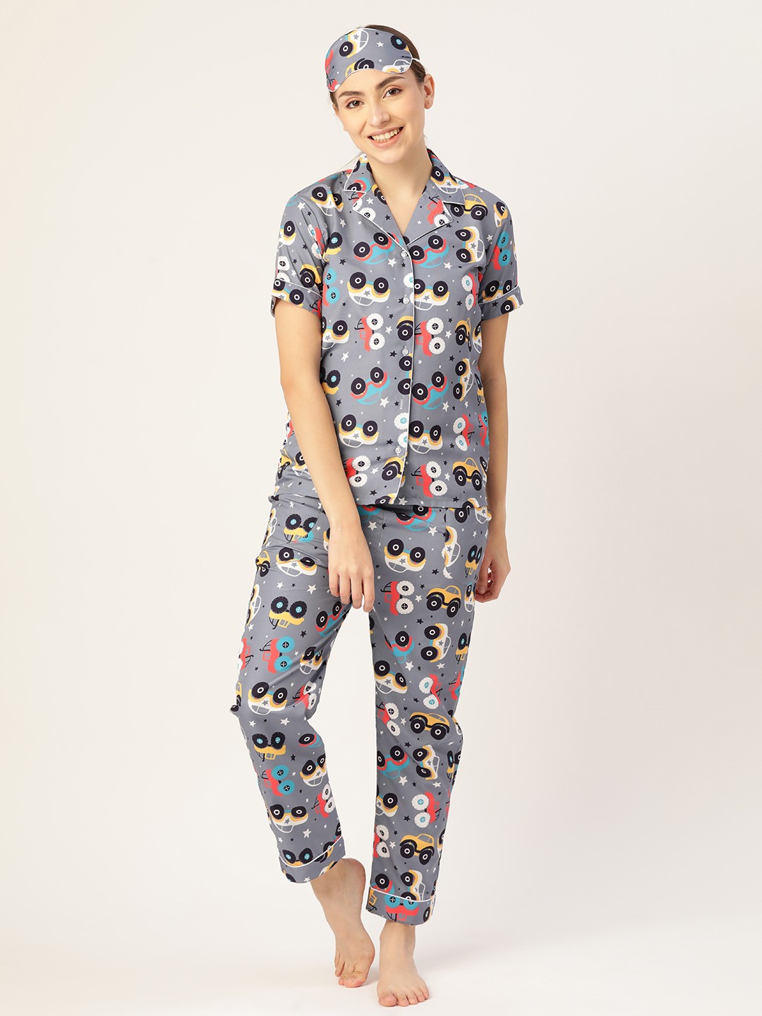 

bedgasm Women Grey & Black Printed Night suit