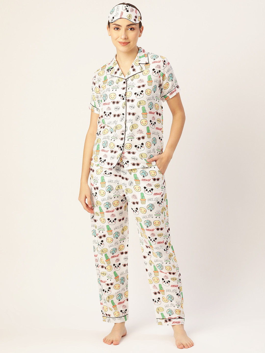 

bedgasm Women White & Pink Printed Night suit with Eye Mask
