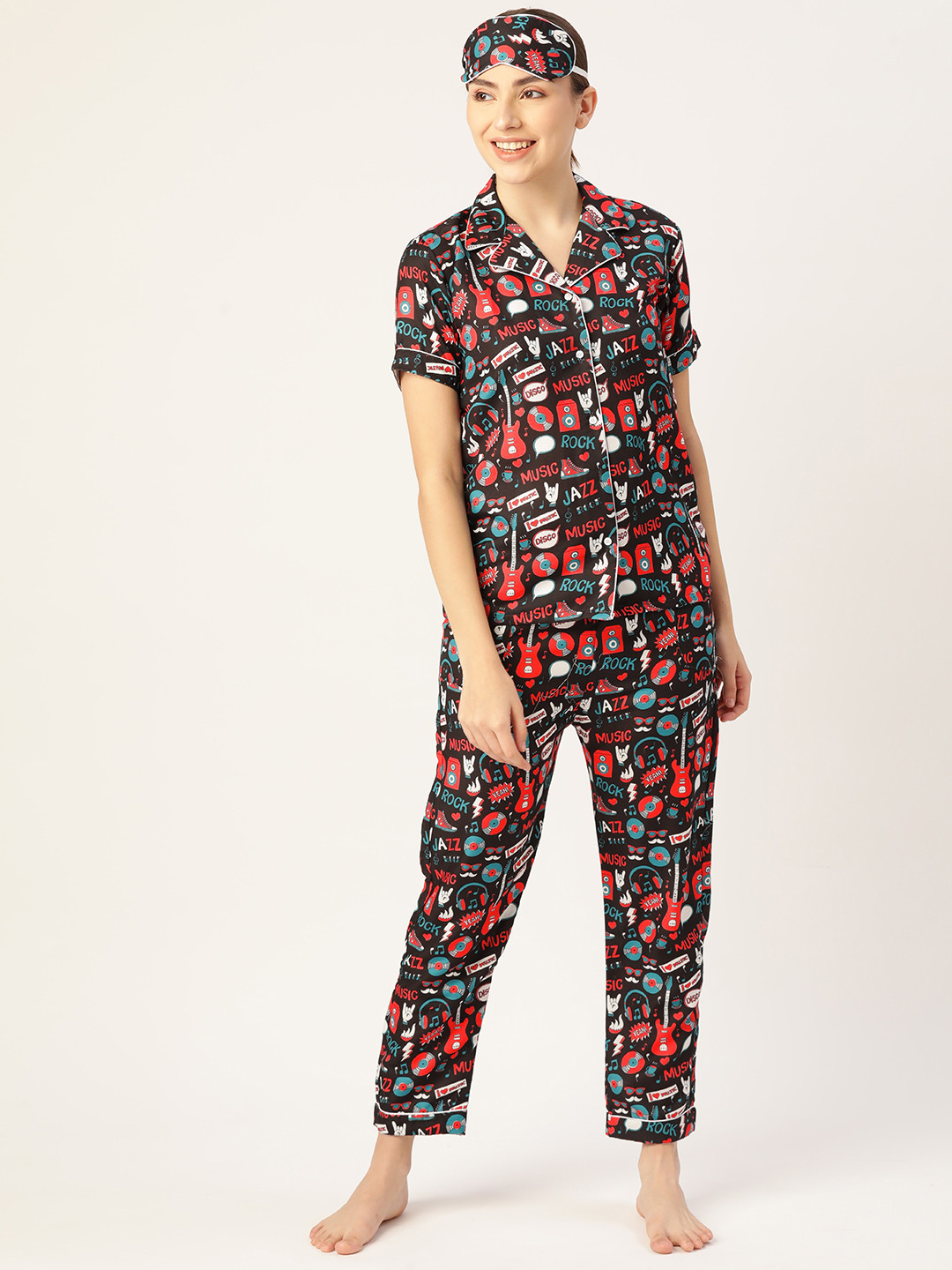

bedgasm Women Black & Red Printed Night suit With Eye Mask