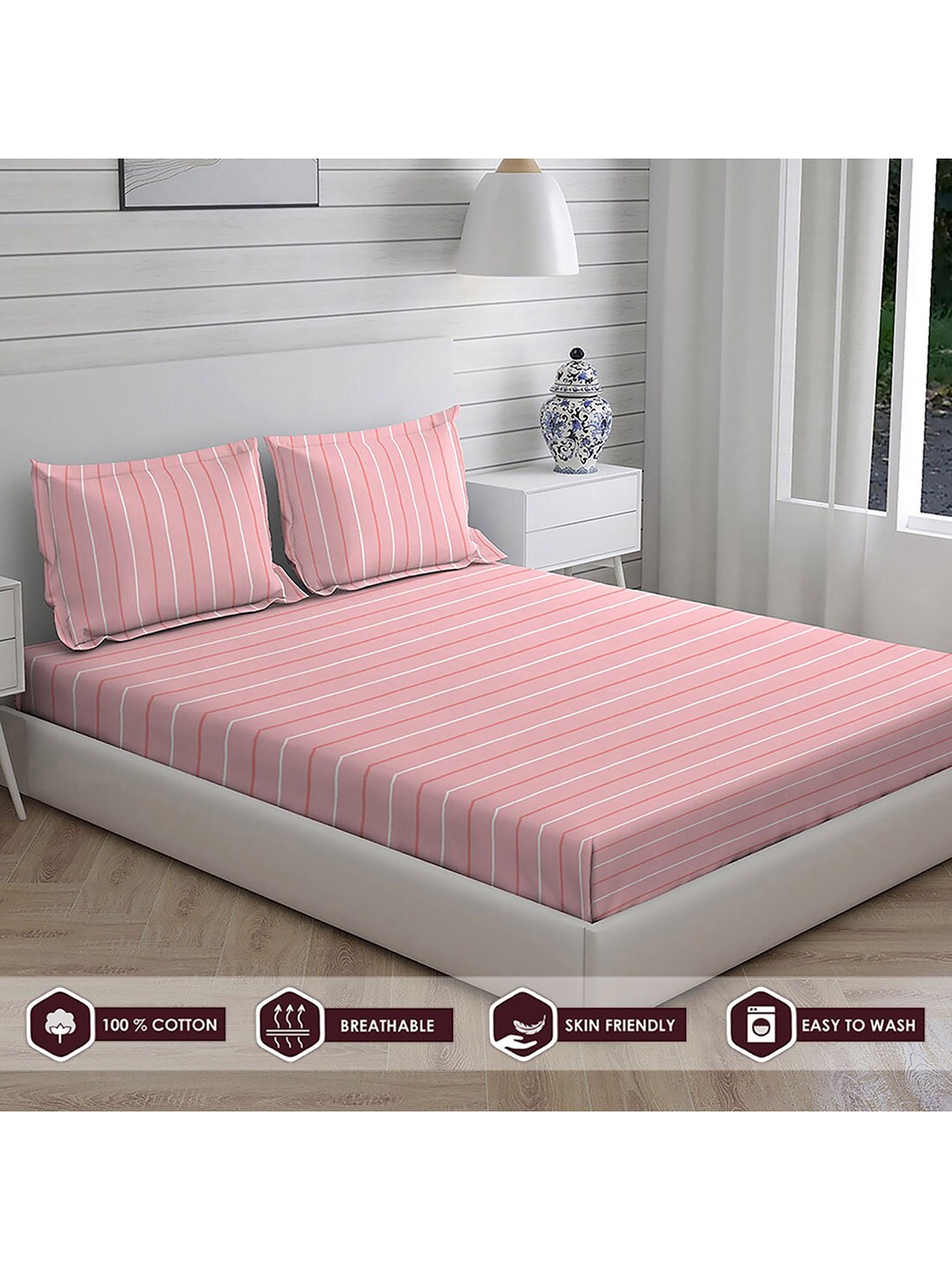

Layers Pink Striped 104 GSM Pure Cotton Double King Bedsheet with 2 Pillow Covers