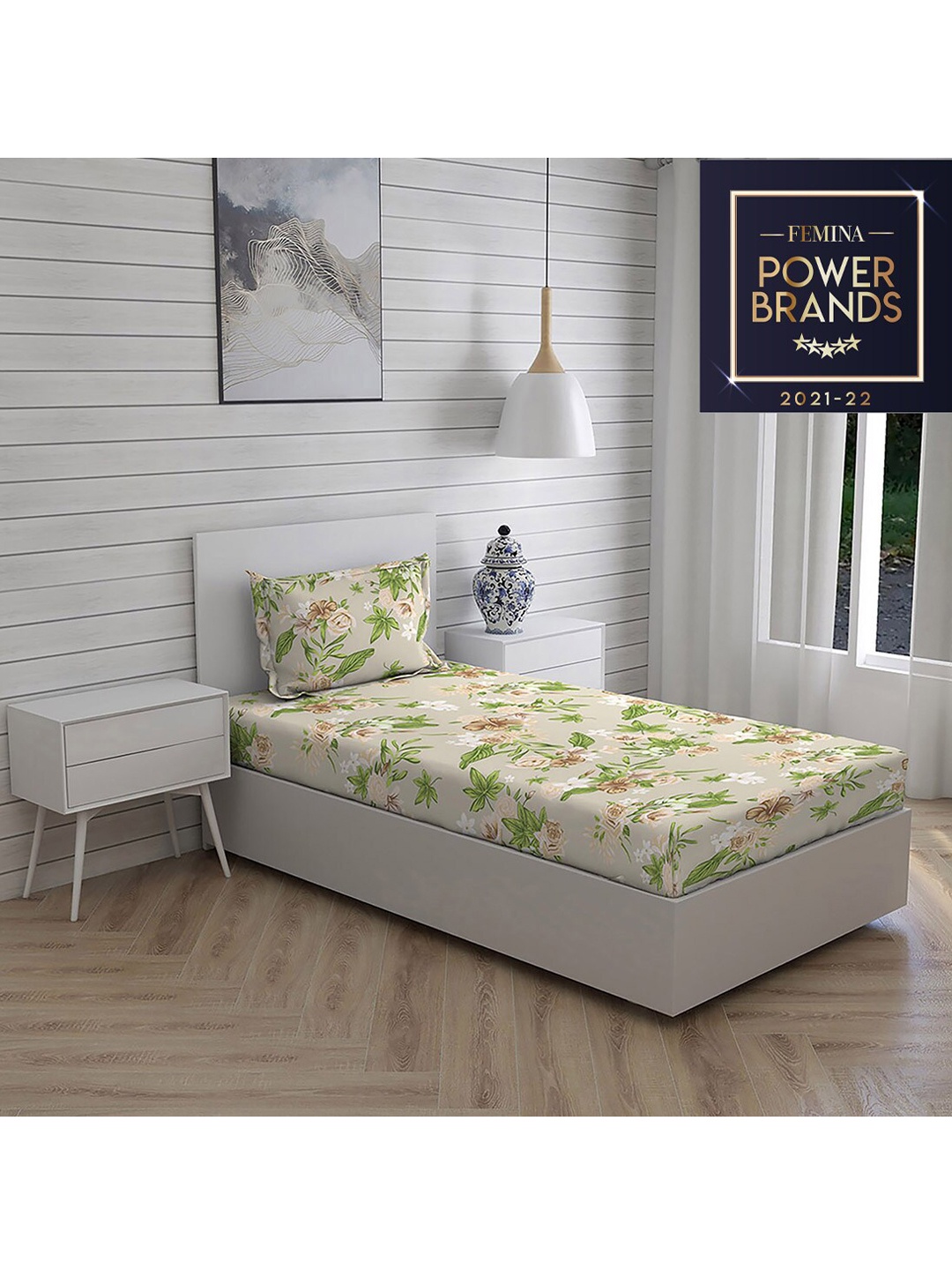 

Layers Beige & Green Printed Pure Cotton 104 GSM Single Bedding Set