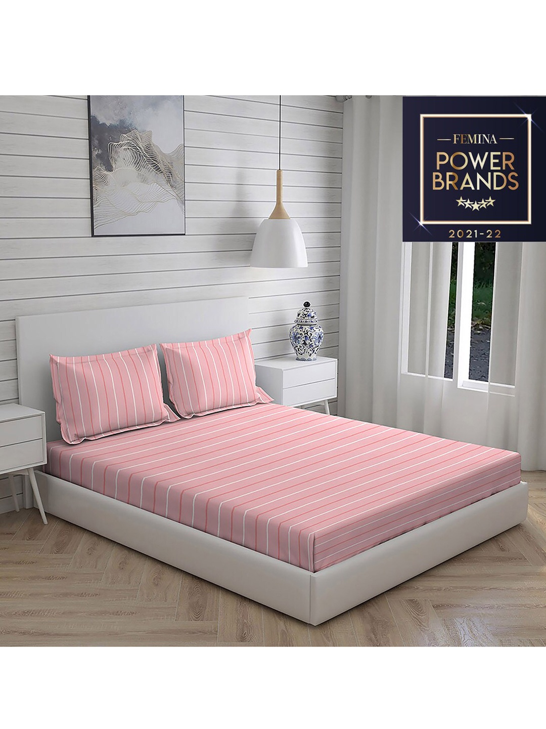 

Layers Pink Striped Pure Cotton 104 GSM Double Queen Bedsheet with 2Pillow Covers