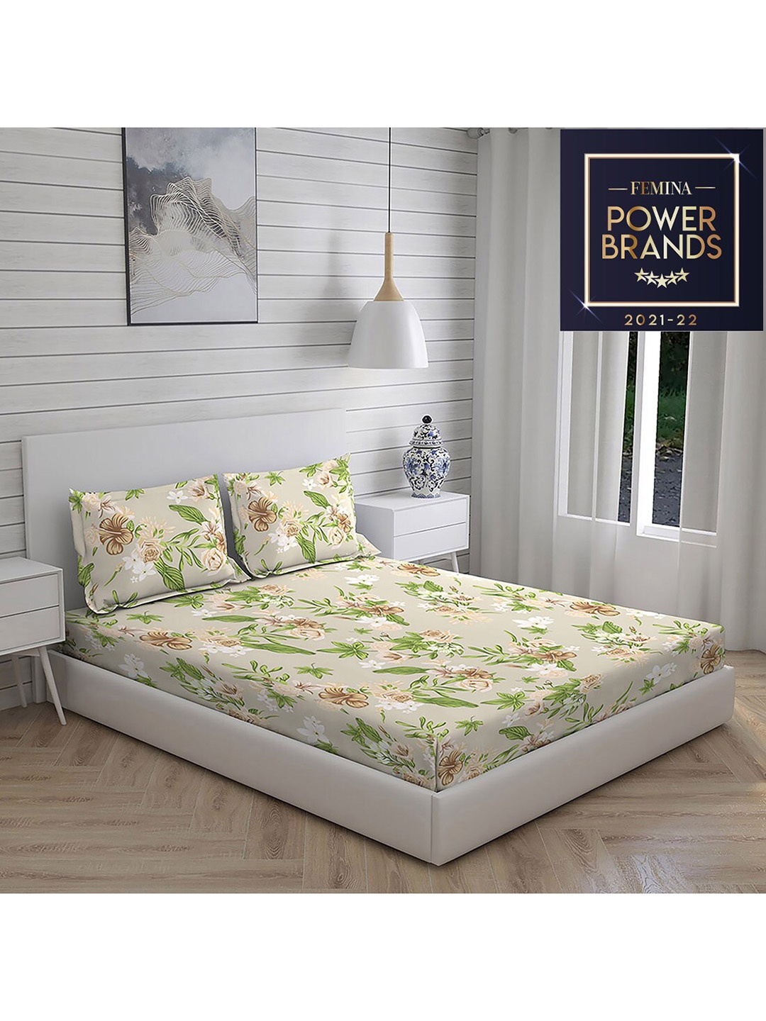 

Layers Floral Printed 104 GSM Double Queen Cotton Bedsheet With 2 Pillow Covers, Beige