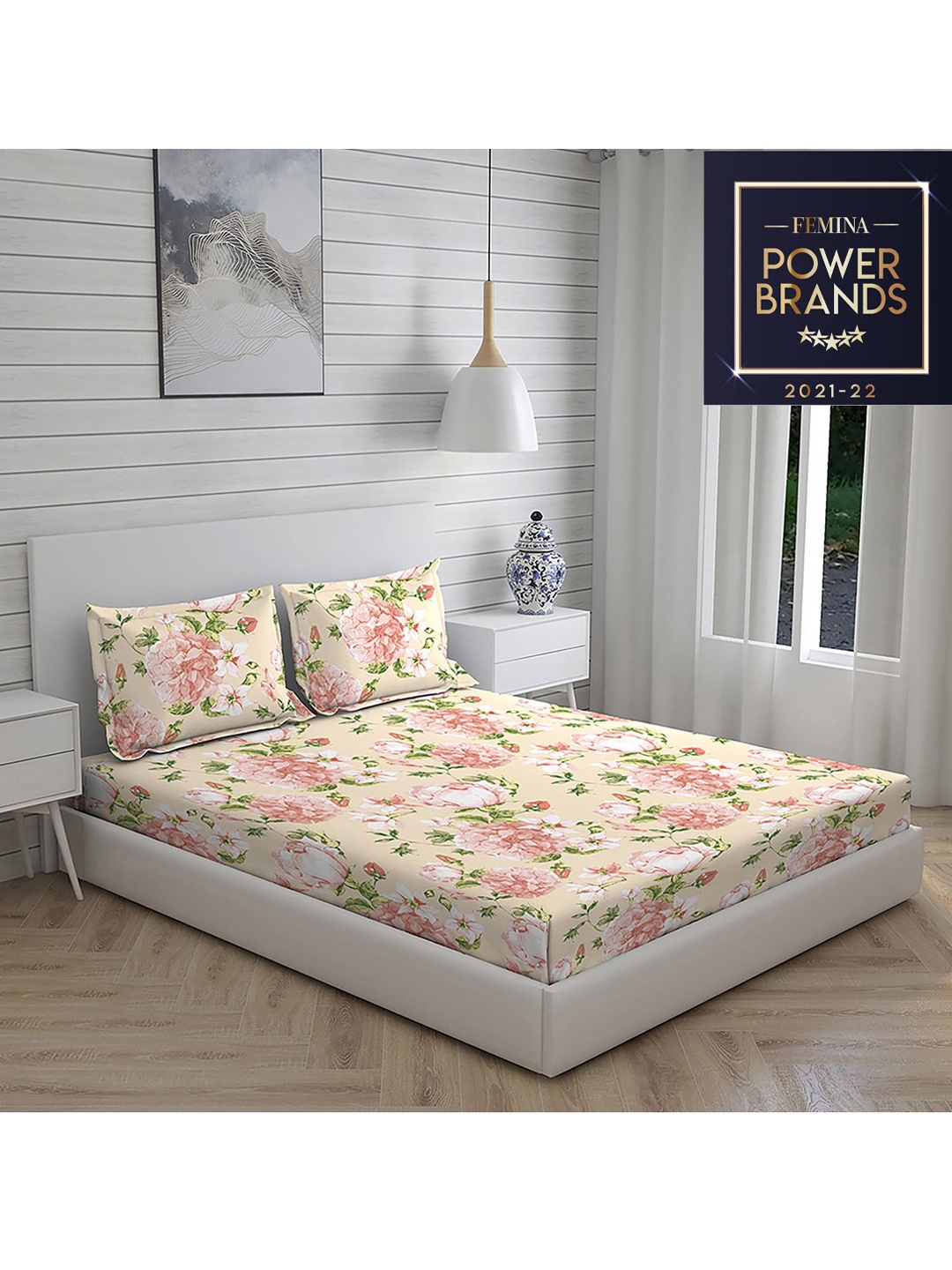 

Layers Pink & Green Printed Pure Cotton 104 GSM Double King Bedding Set