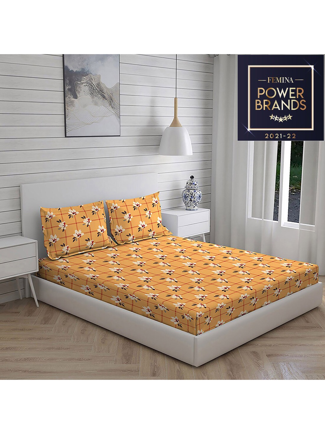 

Layers Floral Printed 104 GSM Double Queen Pure Cotton Bedsheet With 2 Pillow Covers, Yellow