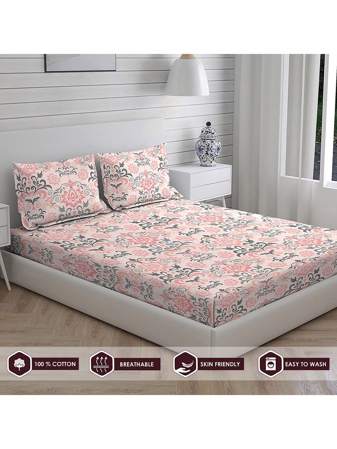 

Layers Pink Floral Printed 104 GSM King Double Bedsheet Cotton Bedding Set