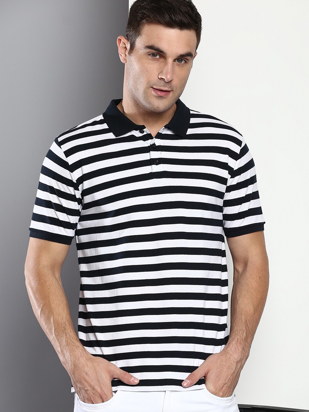 

Dennis Lingo Men Black Striped Polo Collar Monochrome Slim Fit T-shirt