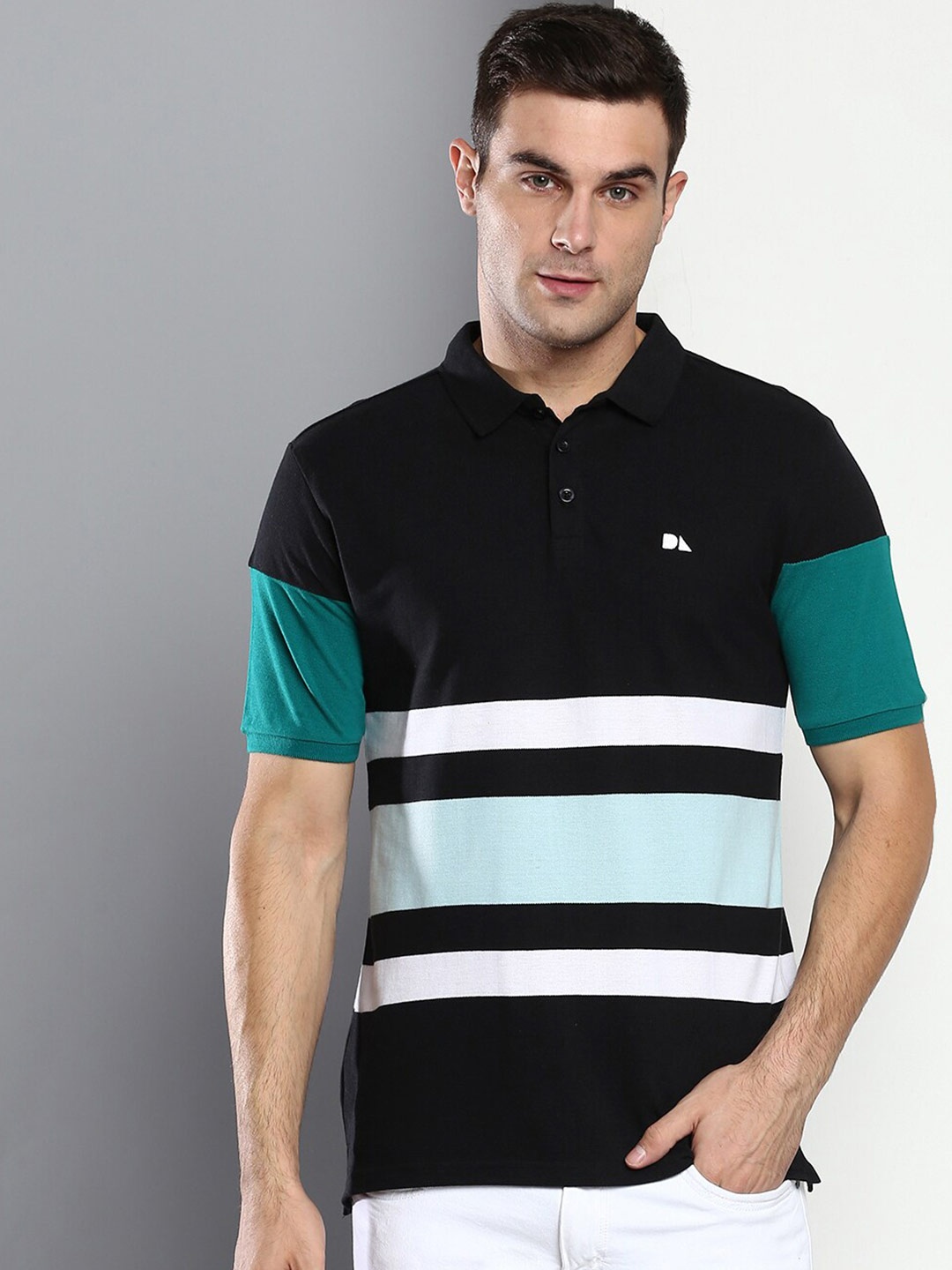 

Dennis Lingo Men Navy Blue Colourblocked Polo Collar Slim Fit T-shirt