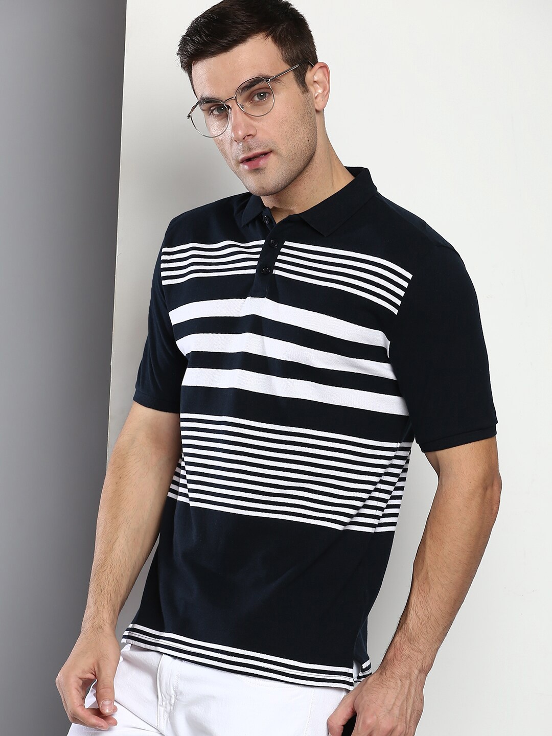 

Dennis Lingo Men Navy Blue Striped Polo Collar Slim Fit T-shirt