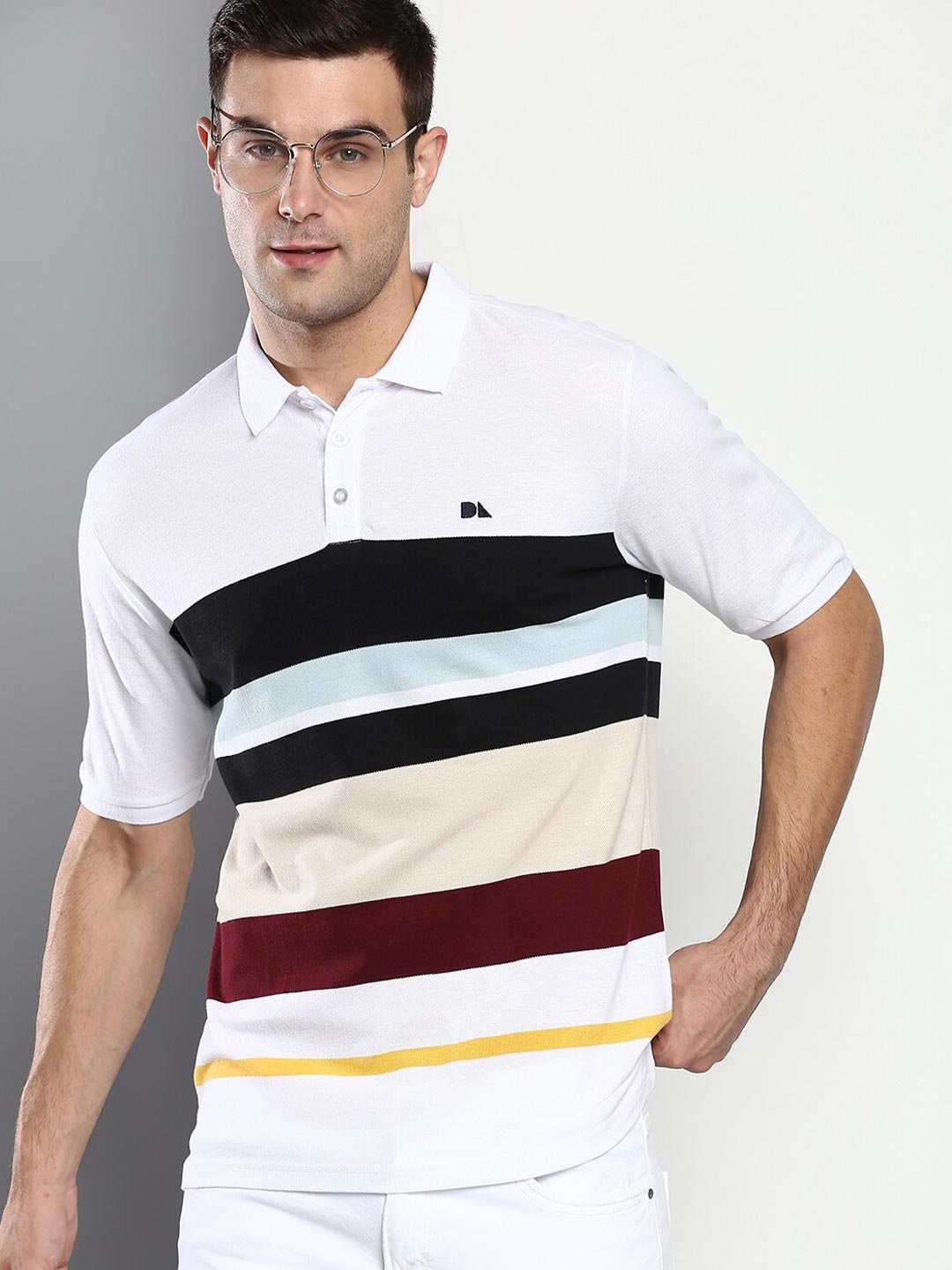 

Dennis Lingo Men White Striped Polo Collar Slim Fit T-shirt