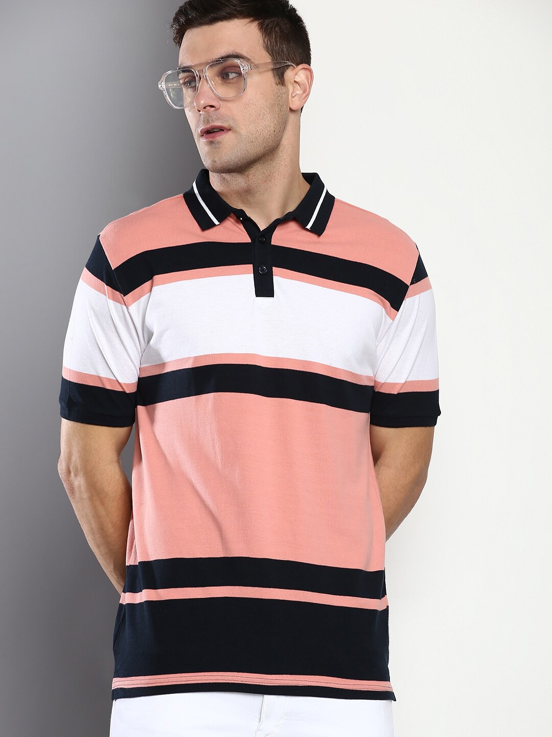 

Dennis Lingo Men Pink Colourblocked Polo Collar Slim Fit T-shirt