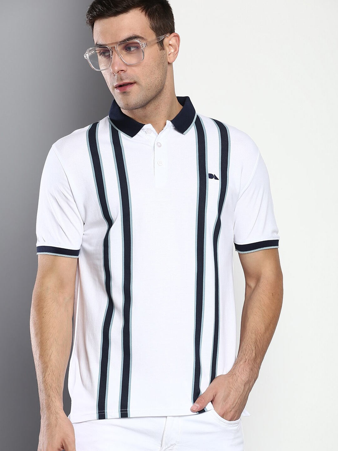 

Dennis Lingo Men White Striped Polo Collar Slim Fit T-shirt