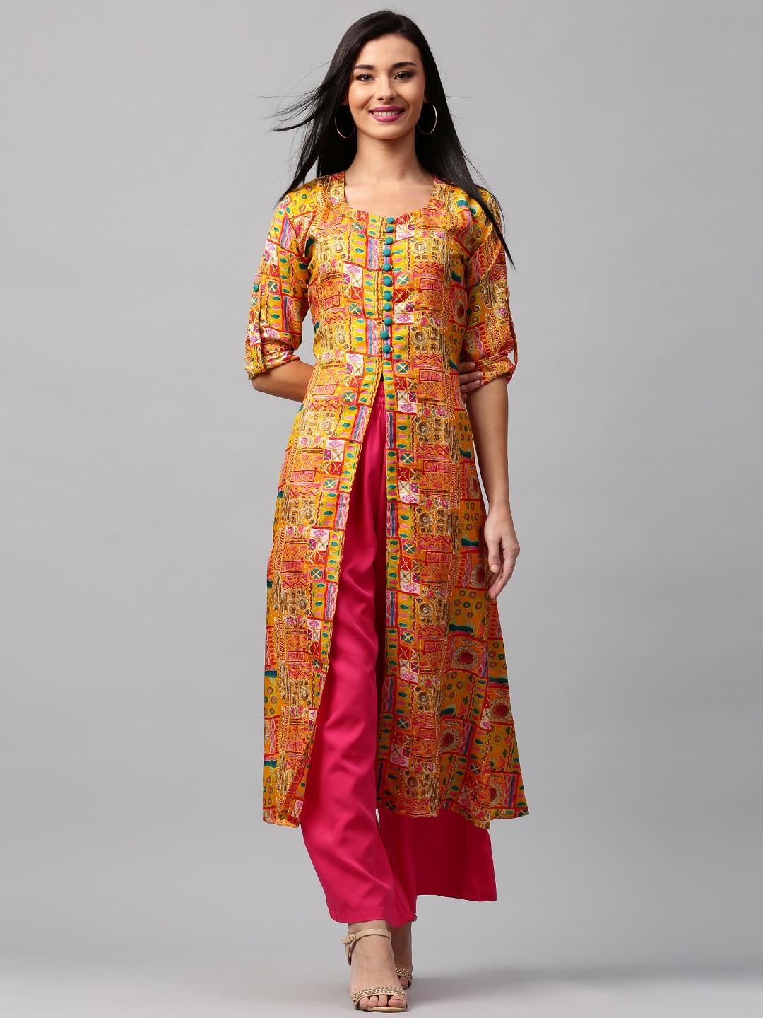 

Libas Women Yellow Printed A-Line Kurta