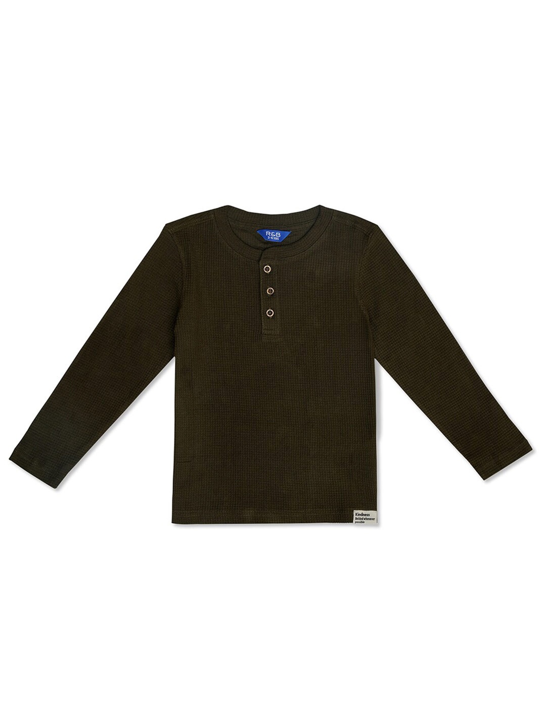 

R&B Boys Olive Green Henley Neck Extended Sleeves Applique T-shirt