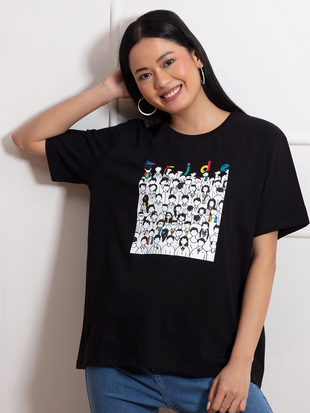 

20Dresses Women Black Printed Oversized T-shirt