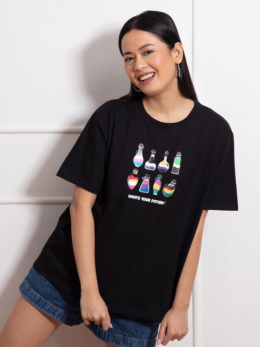 

20Dresses Women Black Typography Printed Applique Oversized T-shirt