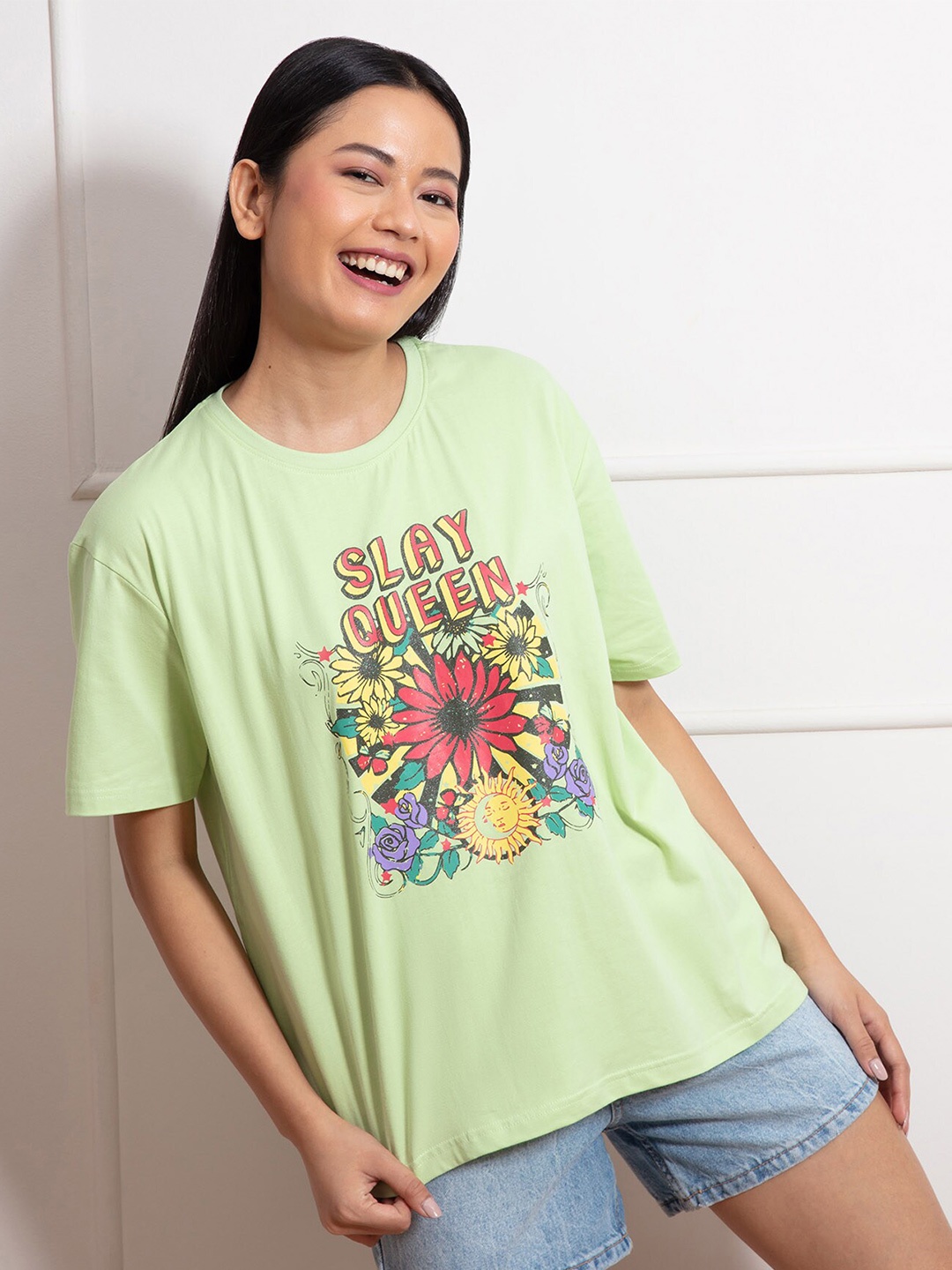 

20Dresses Women Green Typography Printed Applique Oversized T-shirt