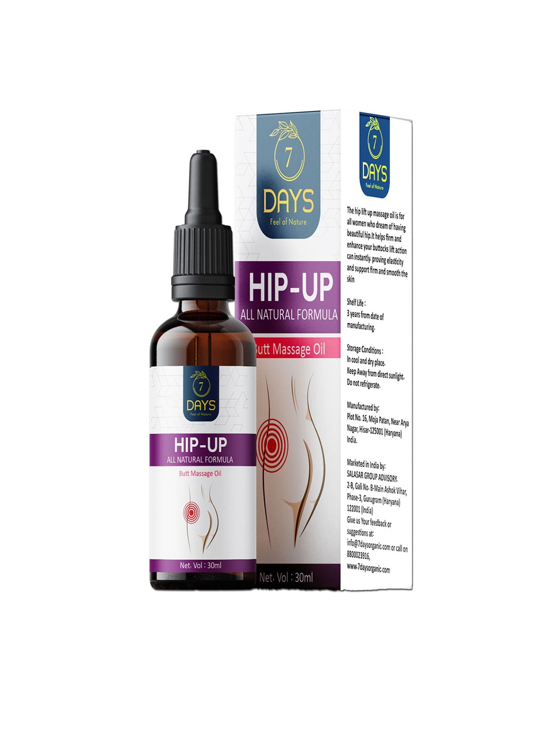 

7 DAYS Women Hip Up All Natural Formula Butt Massage Oil - 30 ml, White