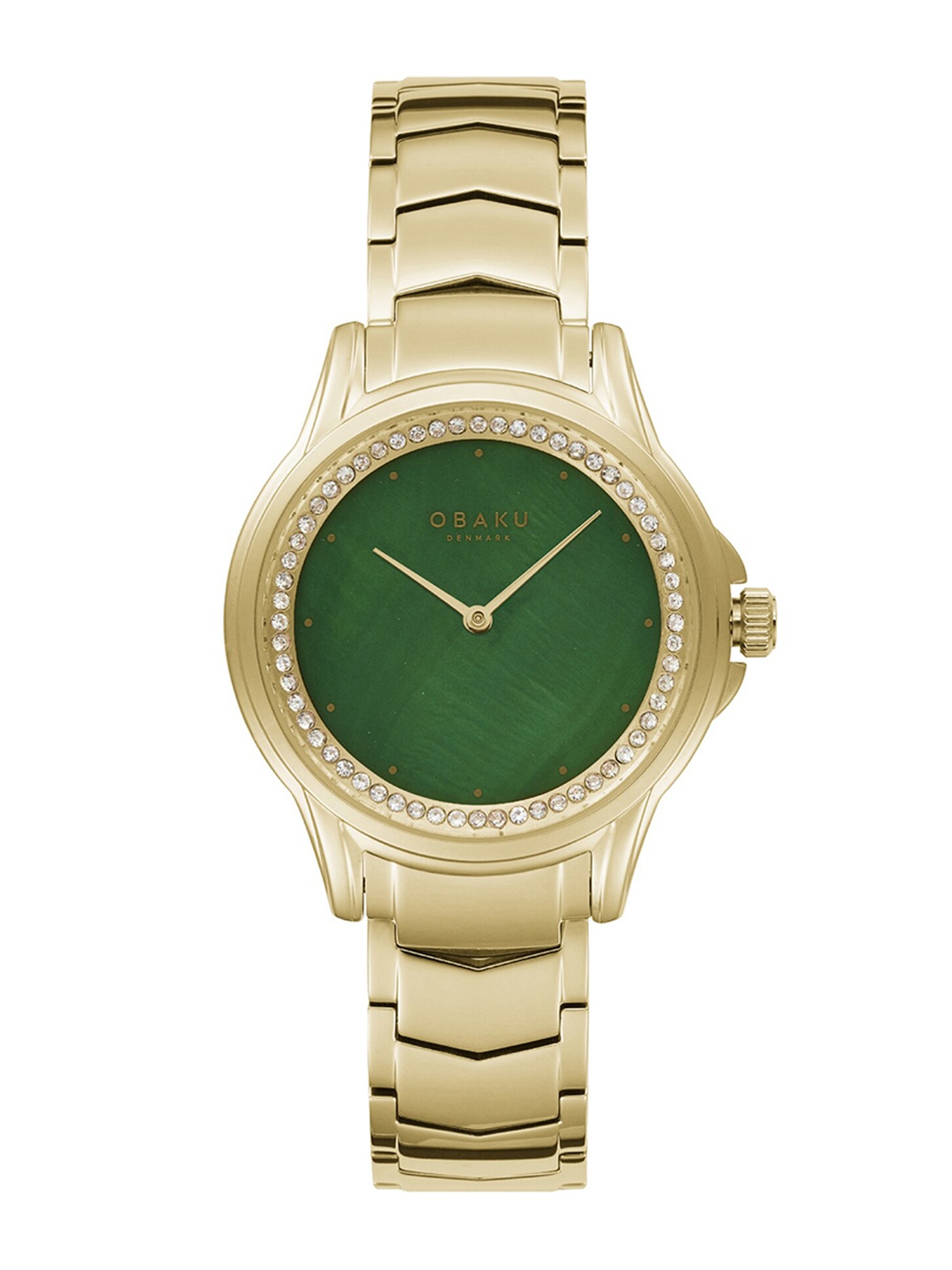 

Obaku Women Green Brass Embellished Dial & Gold Toned Stainless Steel Bracelet Style Straps Analogue Watch