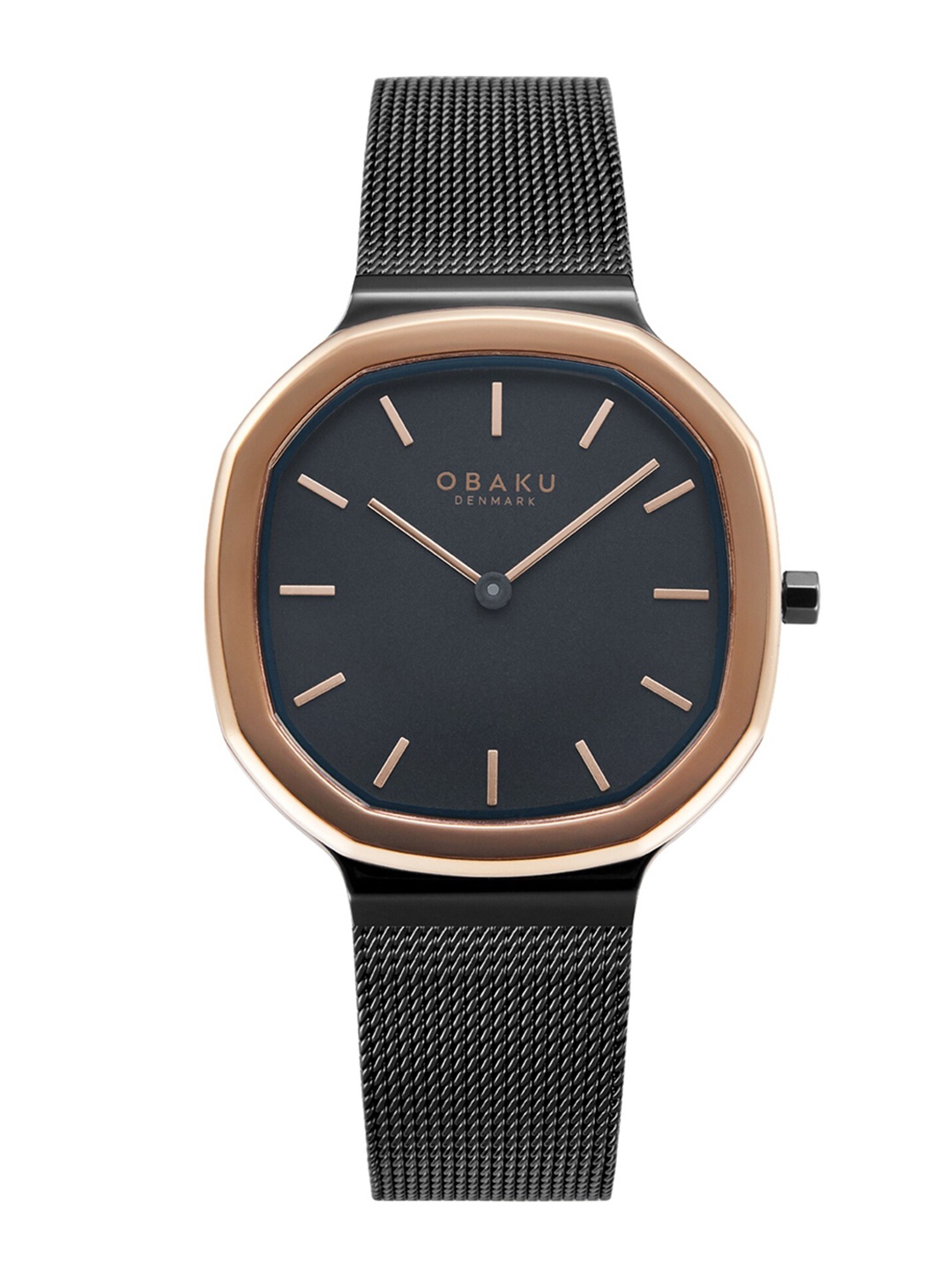 Obaku Women Black Brass Dial & Black Stainless Steel Bracelet Style Straps Analogue Watch V253LXMBMB