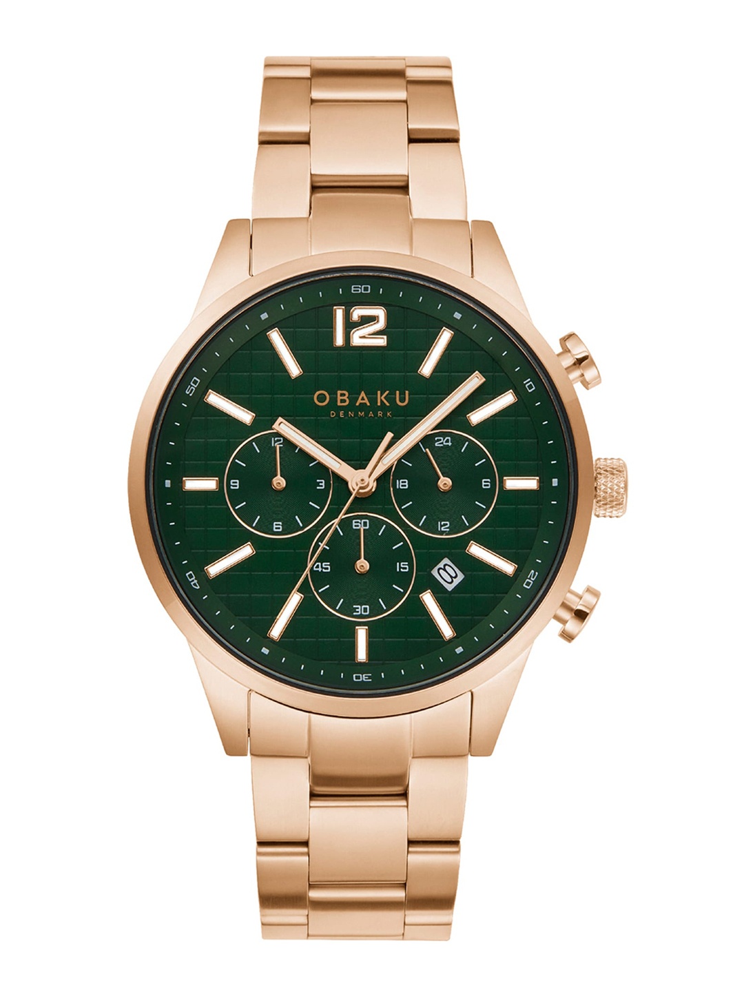 

Obaku Men Green Brass Embellished Dial & Rose Gold Toned Stainless Steel Bracelet Style Straps Analogue Watch