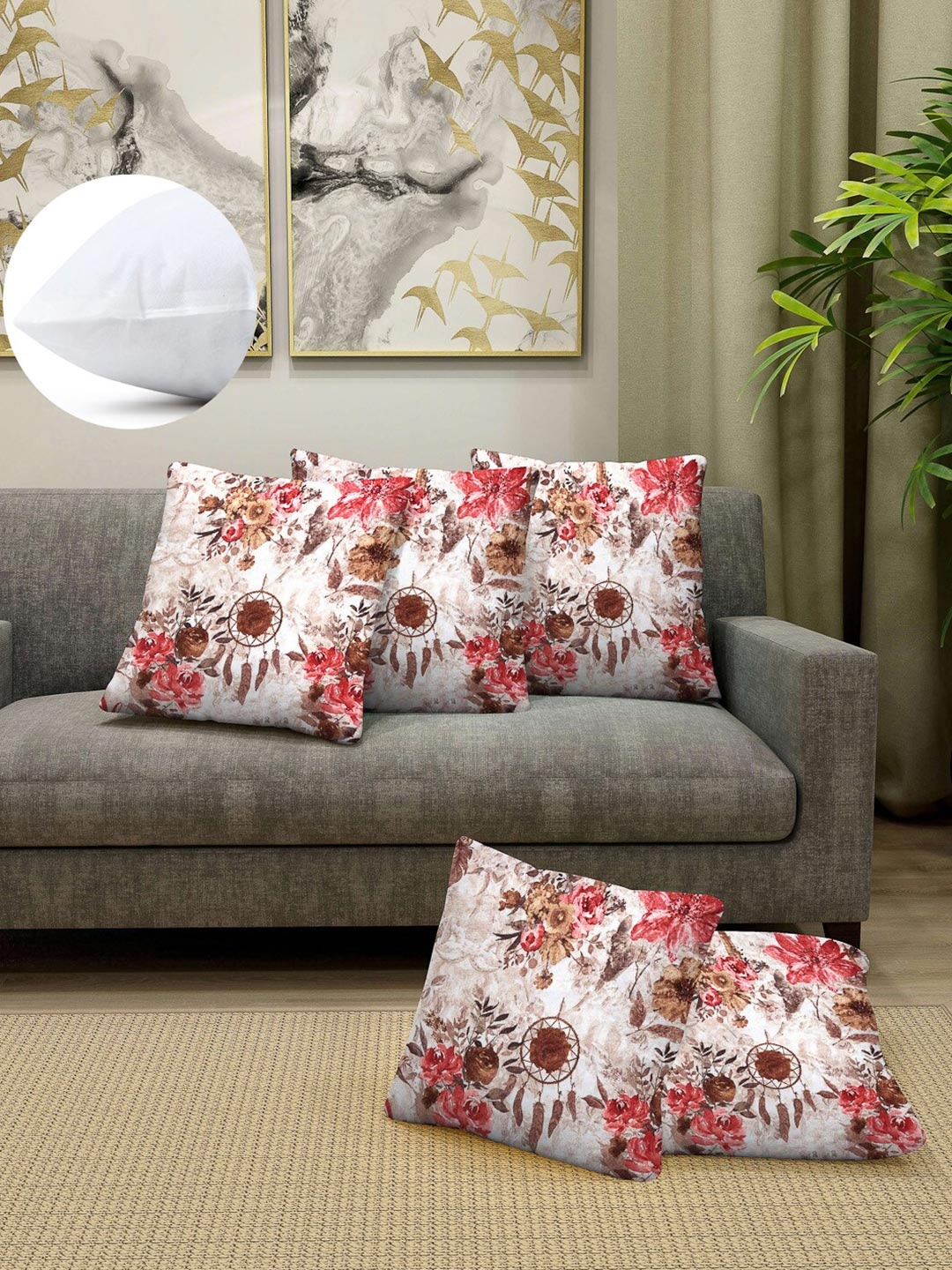 

Arrabi Red & White Set of 5 Floral Square Cushion Covers