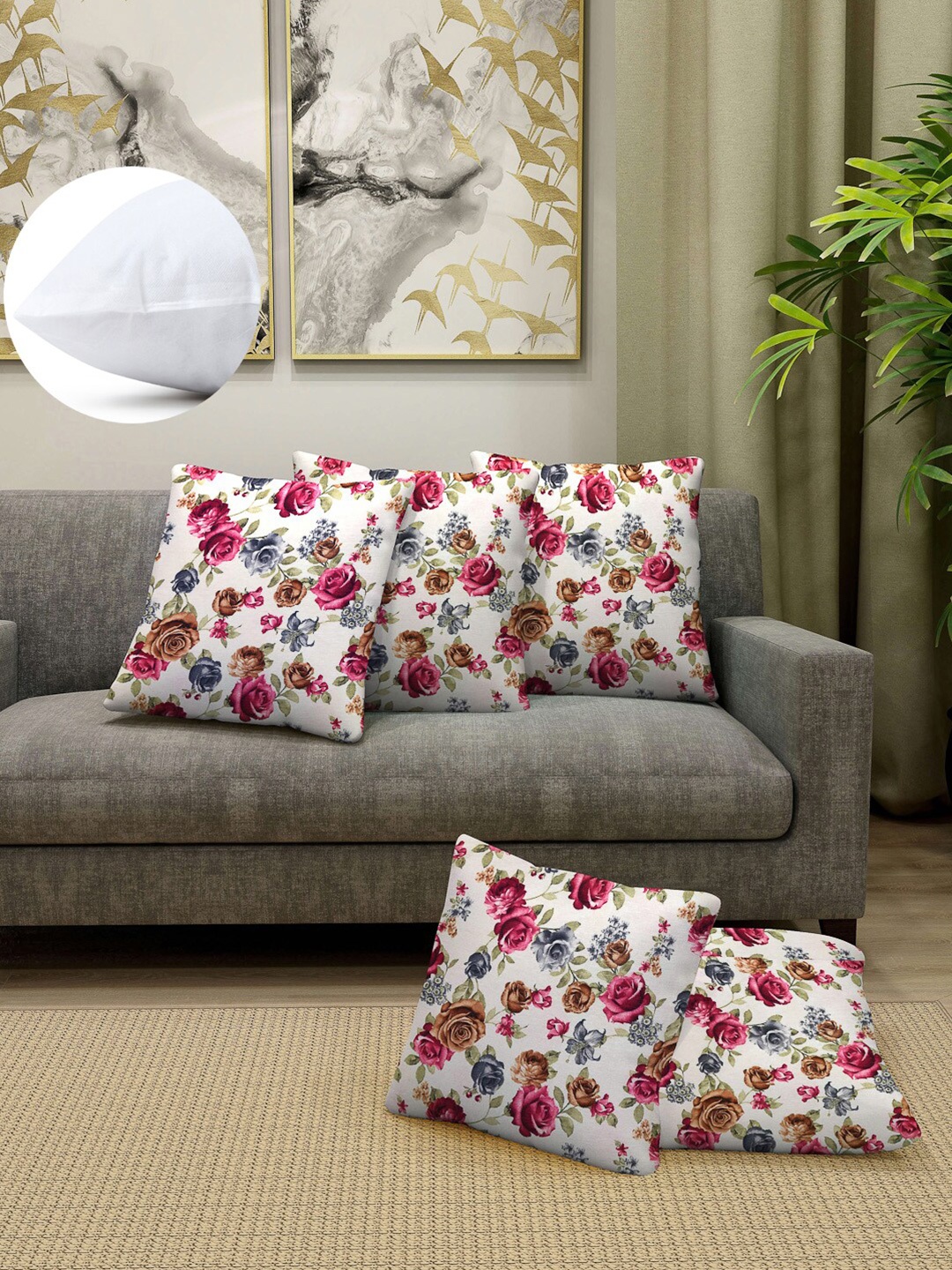 

Arrabi Pink & White Set of 5 Floral Square Cushion Covers