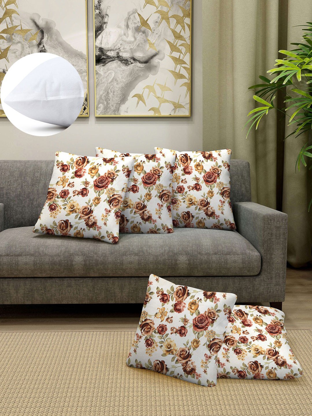 

Arrabi White & Brown Set of 5 Floral Square Cushion Covers
