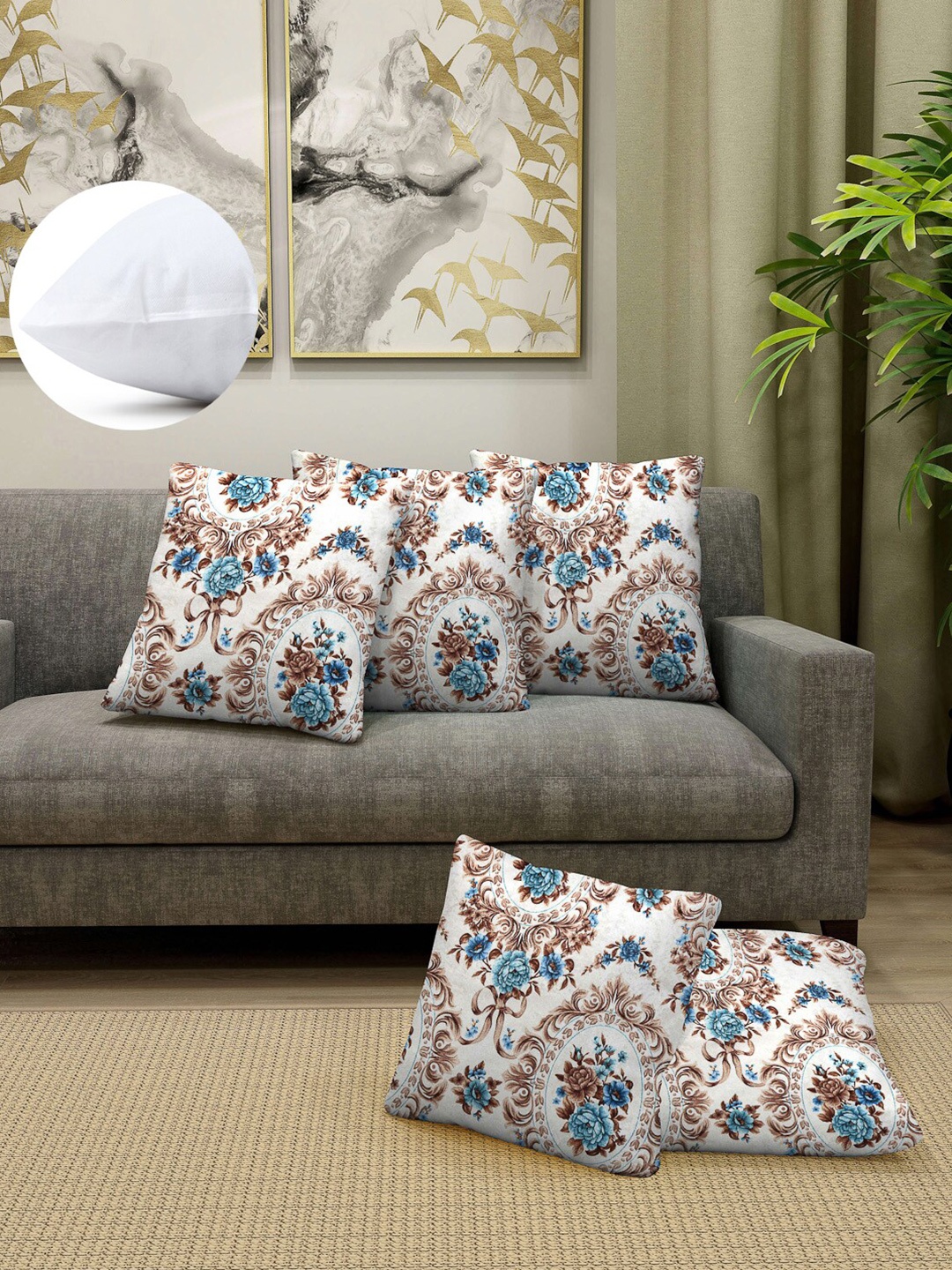 

Arrabi Blue & White Set of 5 Floral Square Cushion Covers