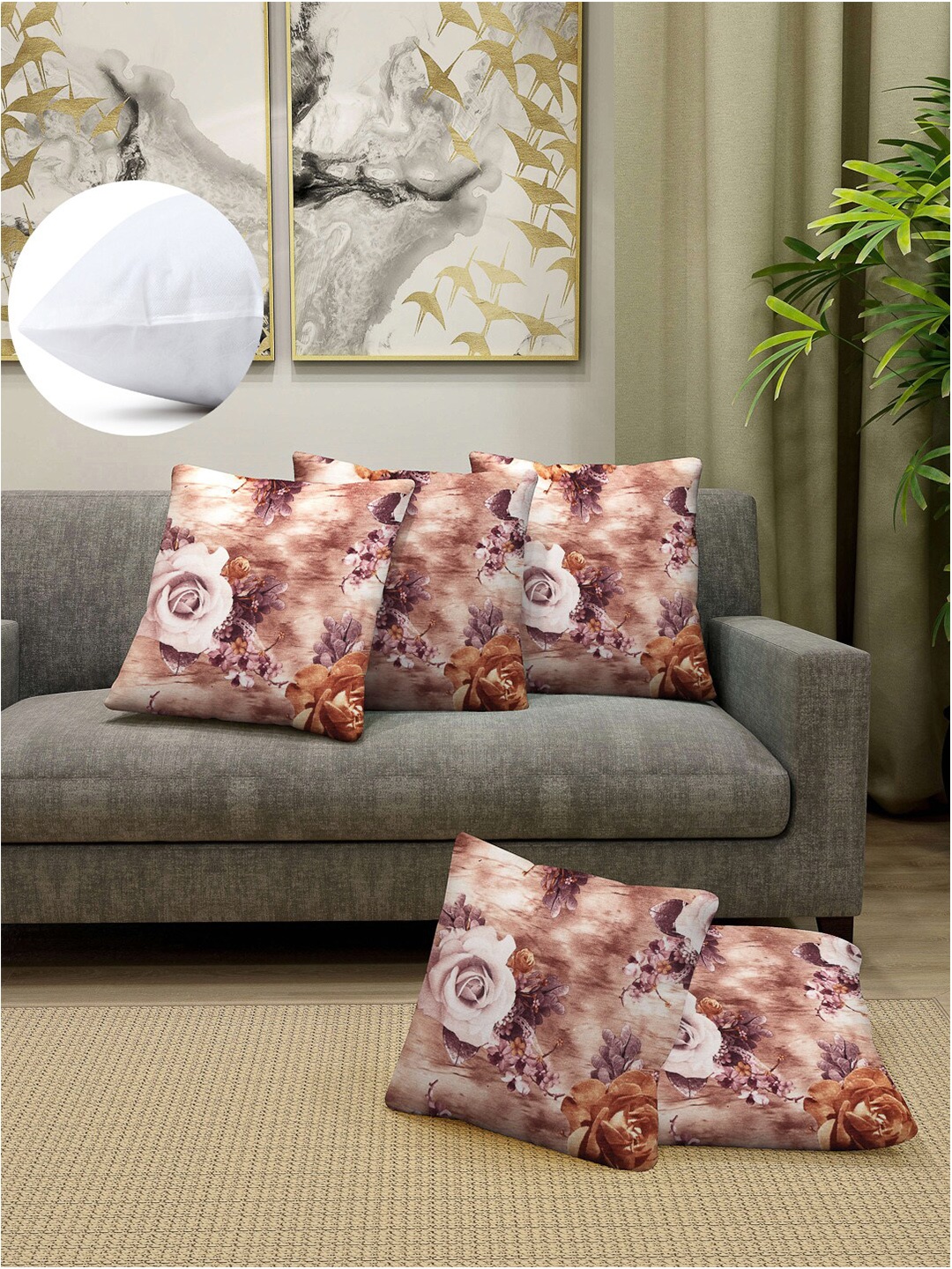 

Arrabi Brown & Purple Set of 5 Floral Square Cushion Covers