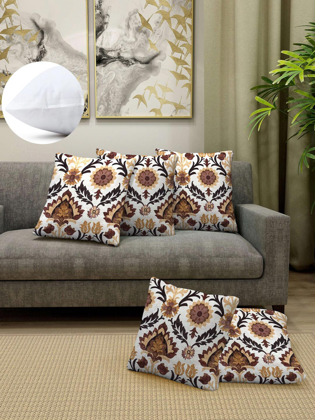

Arrabi Brown & White Set of 5 Floral Square Cushion Covers