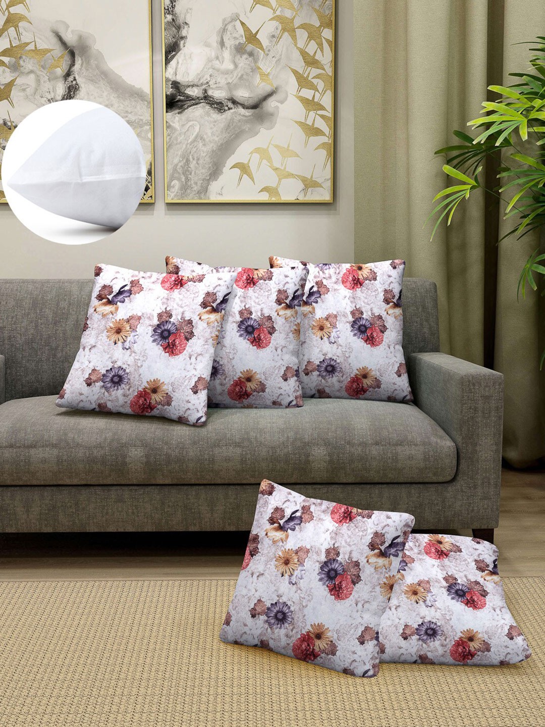 

Arrabi White & Purple Set of 5 Floral Square Cushion Covers