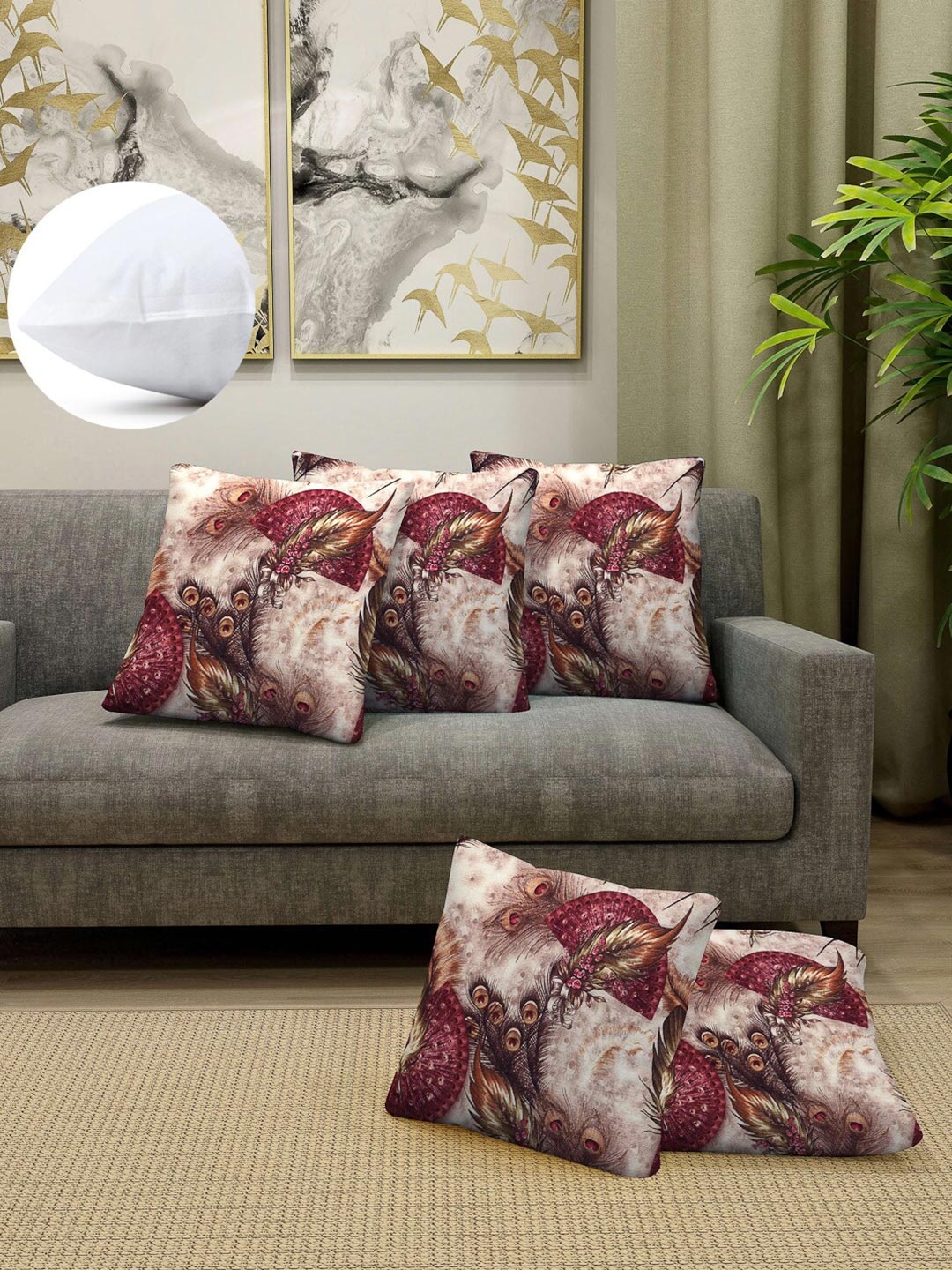 

Arrabi White & Burgundy Set of 5 Floral Square Cushion Covers