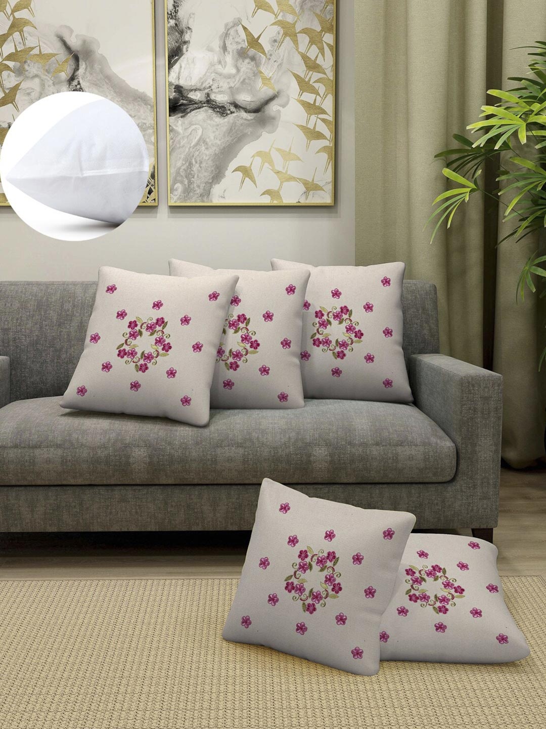 

Arrabi Pink & Green Set of 5 Floral Square Cushion Covers